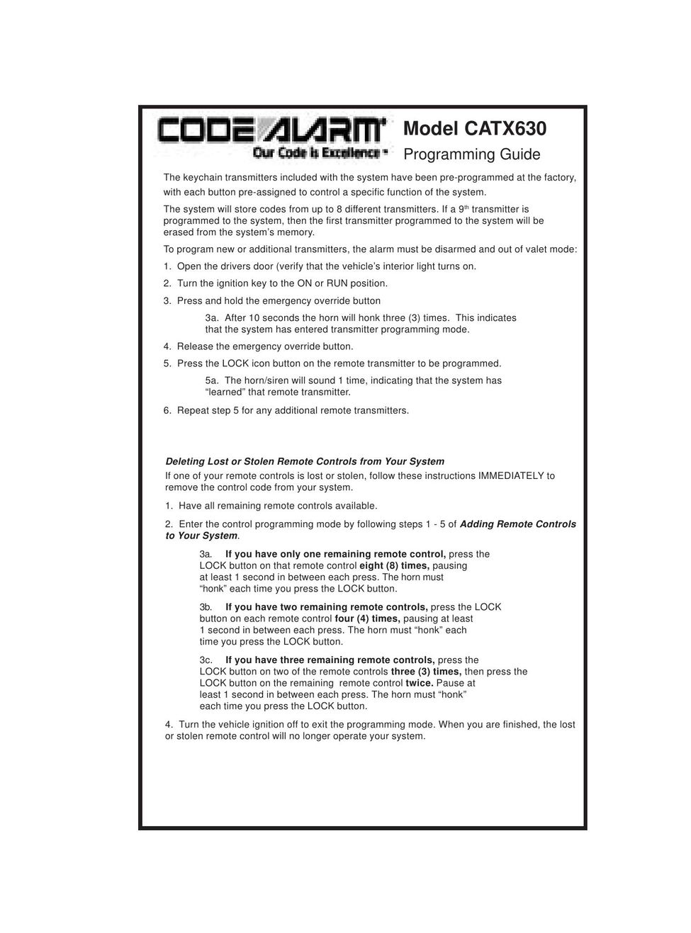 Code Alarm CATX630 Universal Remote User Manual