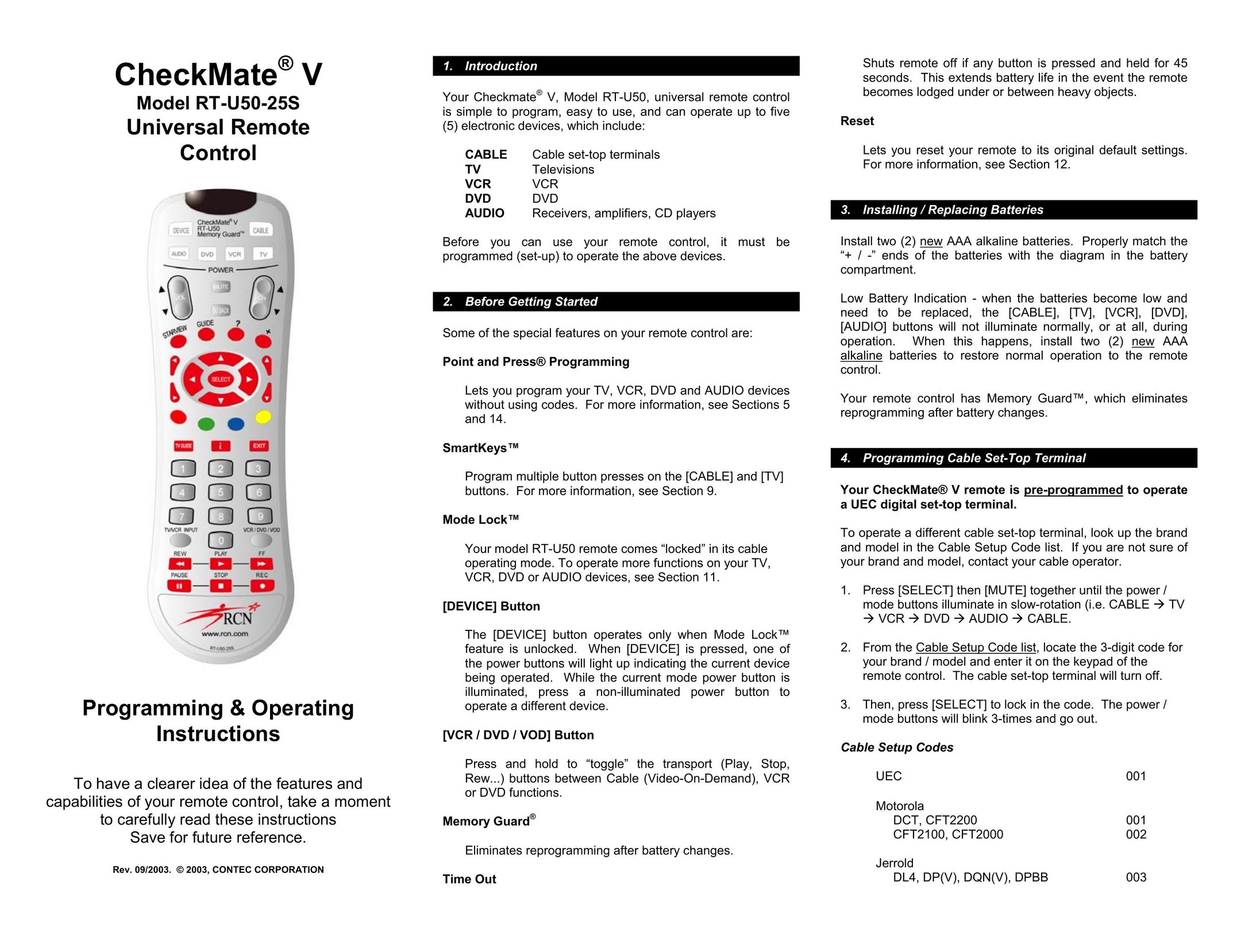 Contec RT-U50-25S Universal Remote User Manual