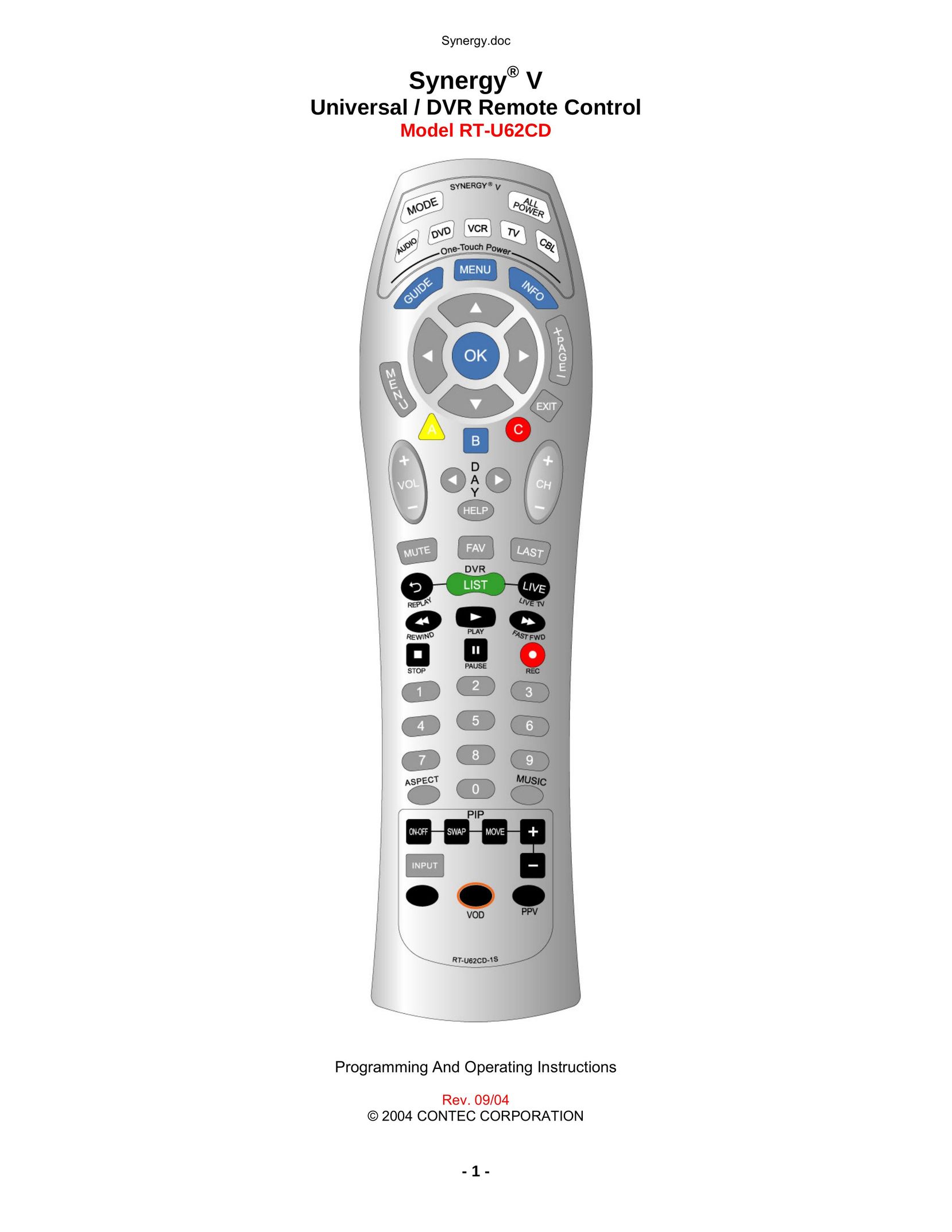 Contec RT-U62CD Universal Remote User Manual