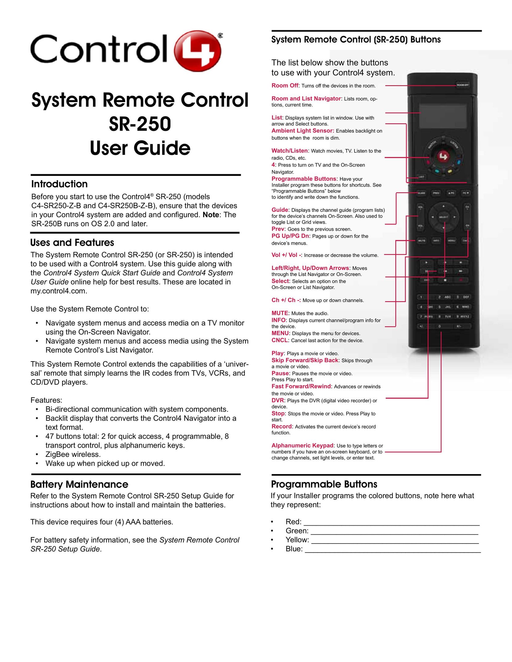 Control4 C4-SR250-Z-B Universal Remote User Manual