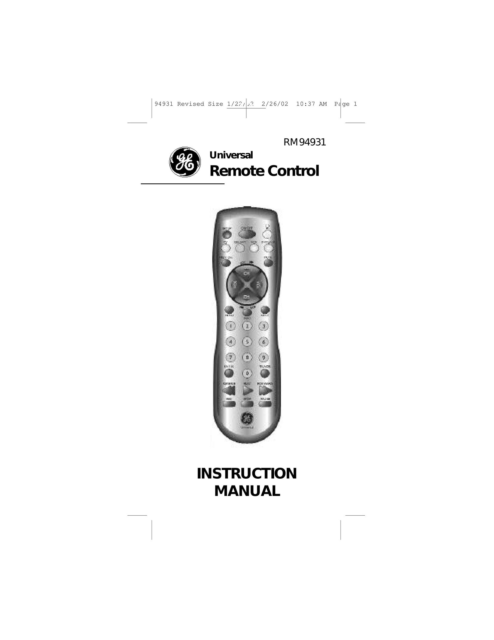 GE RM94931 Universal Remote User Manual