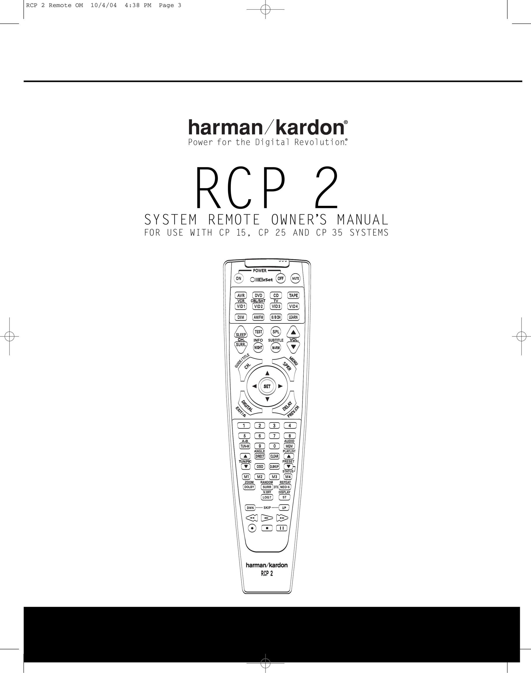 Harman-Kardon RCP 2 Universal Remote User Manual