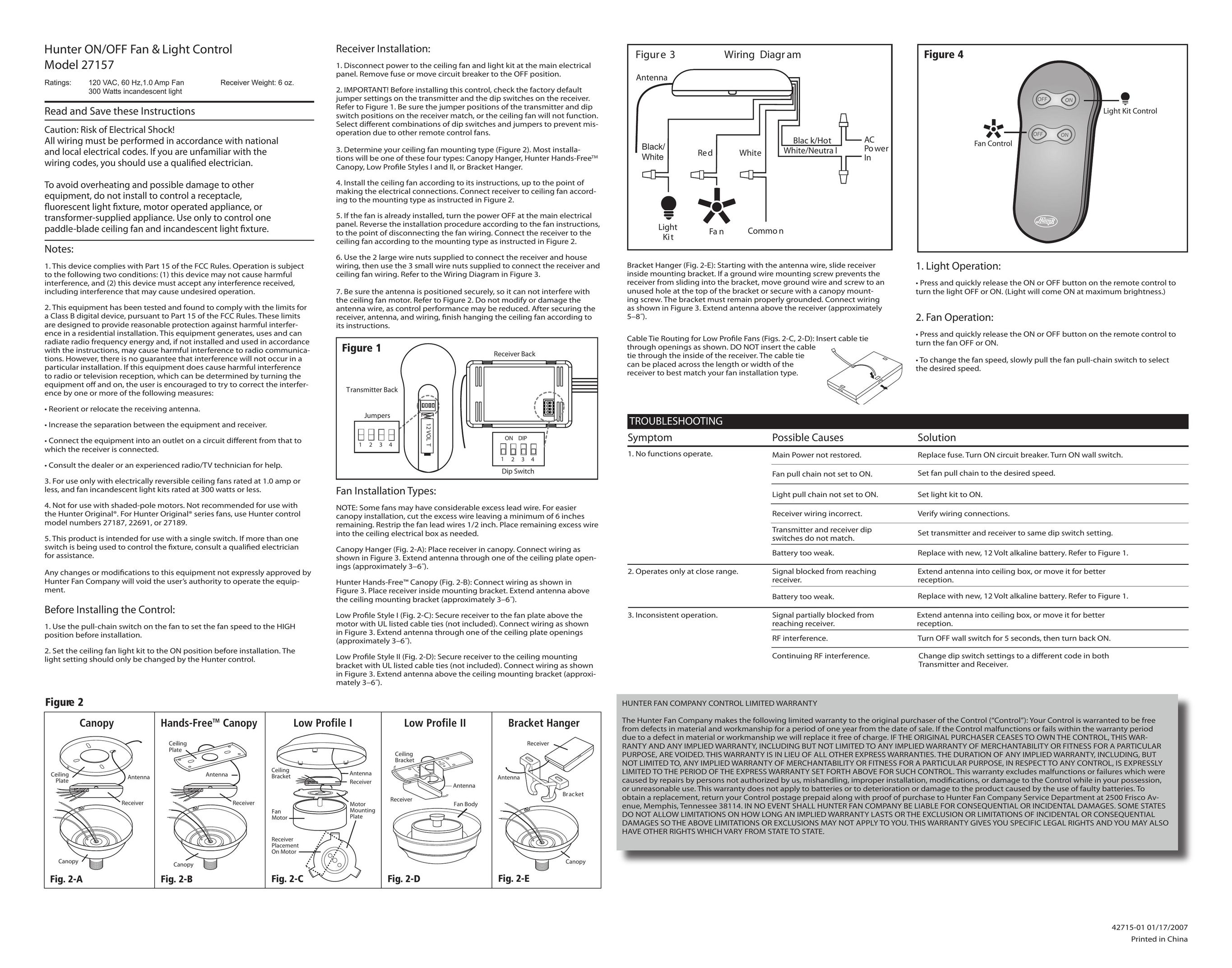 Hunter Fan 27157 Universal Remote User Manual