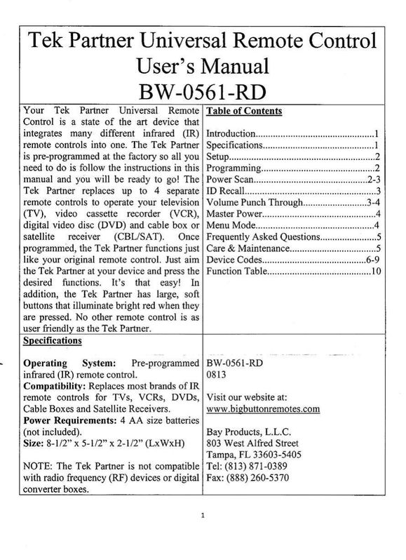 Hy-Tek Manufacturing BW0561RD Universal Remote User Manual