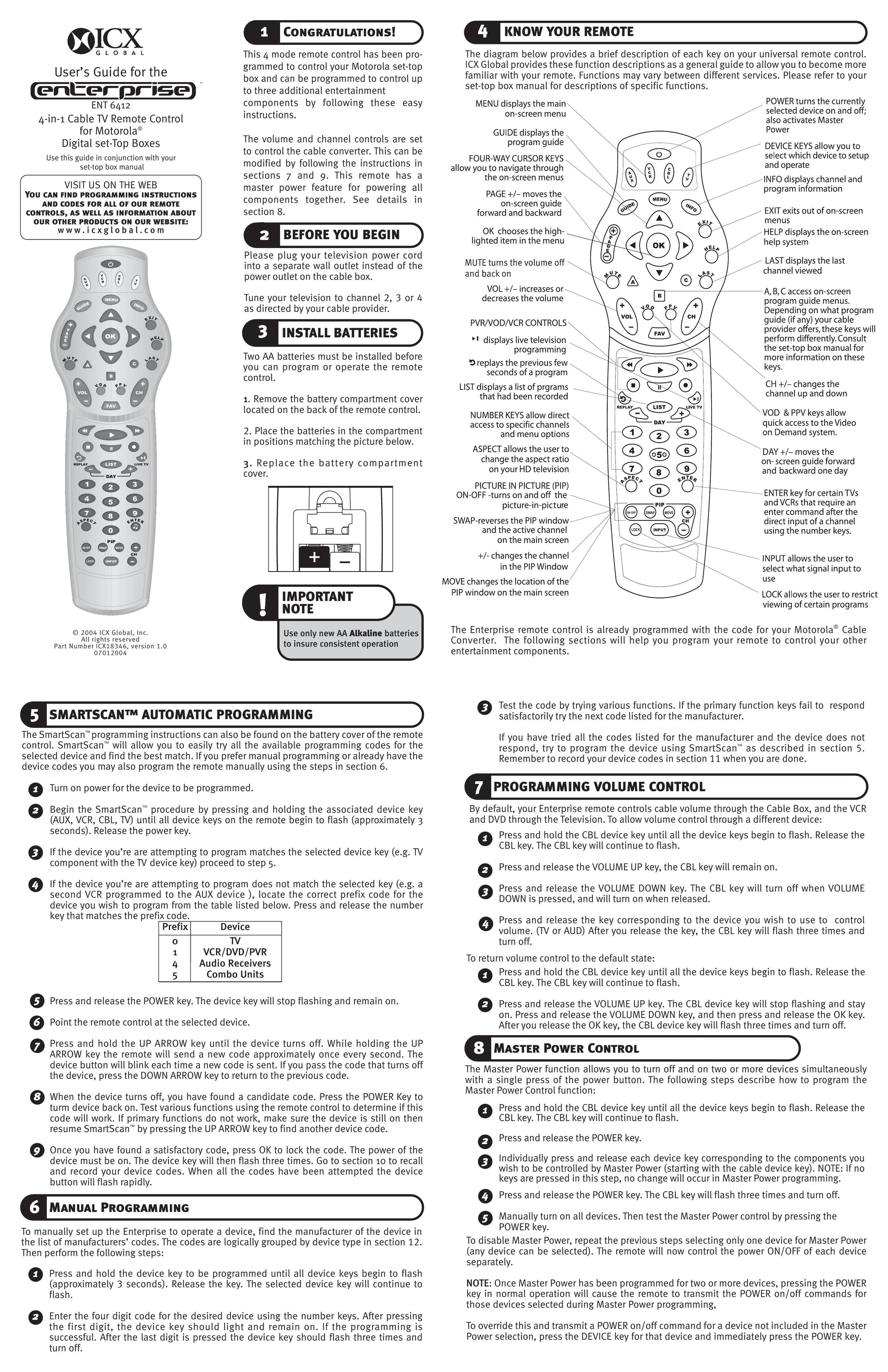 ICX Global ENT 6412 Universal Remote User Manual