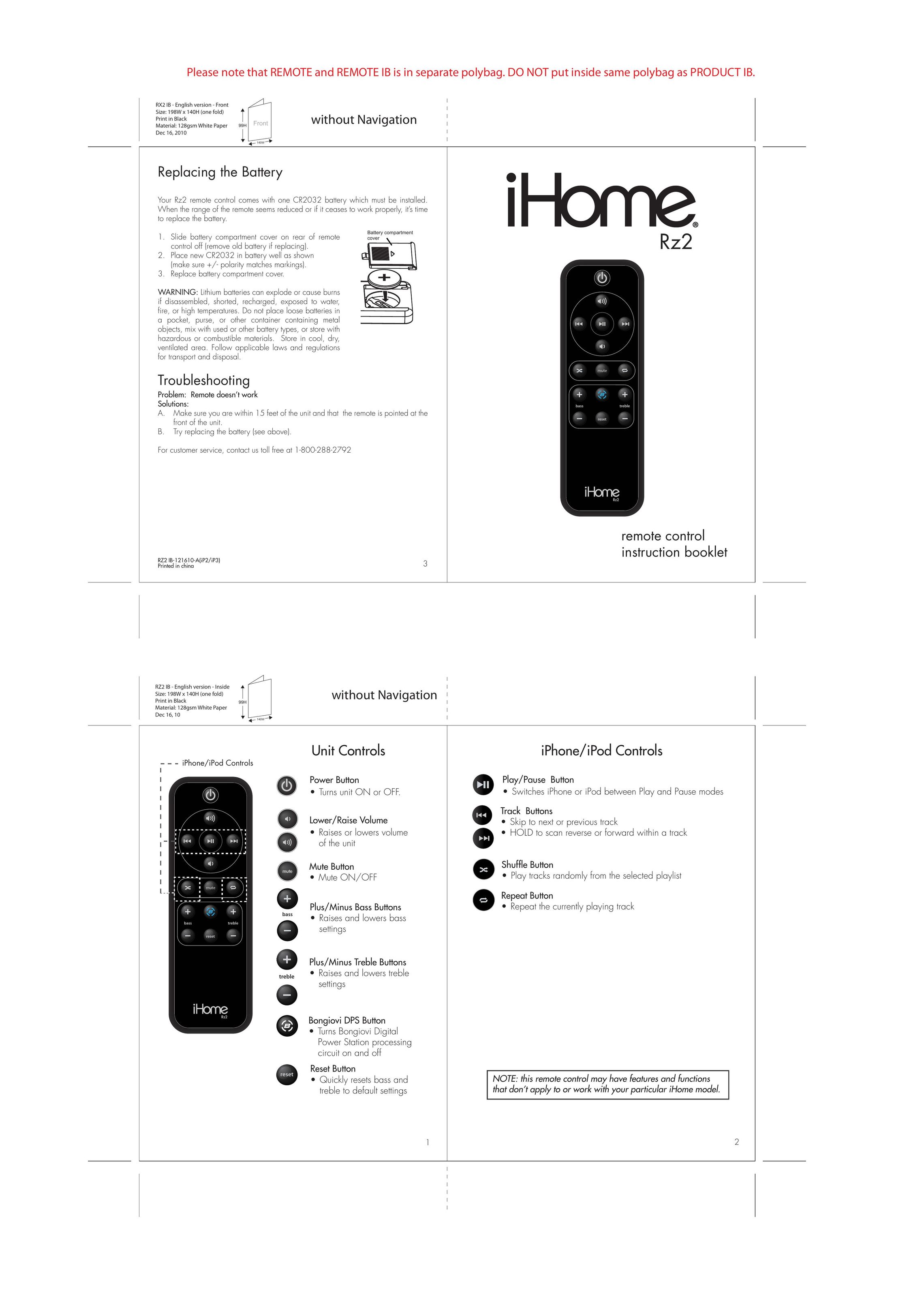iHome RZ2 Universal Remote User Manual