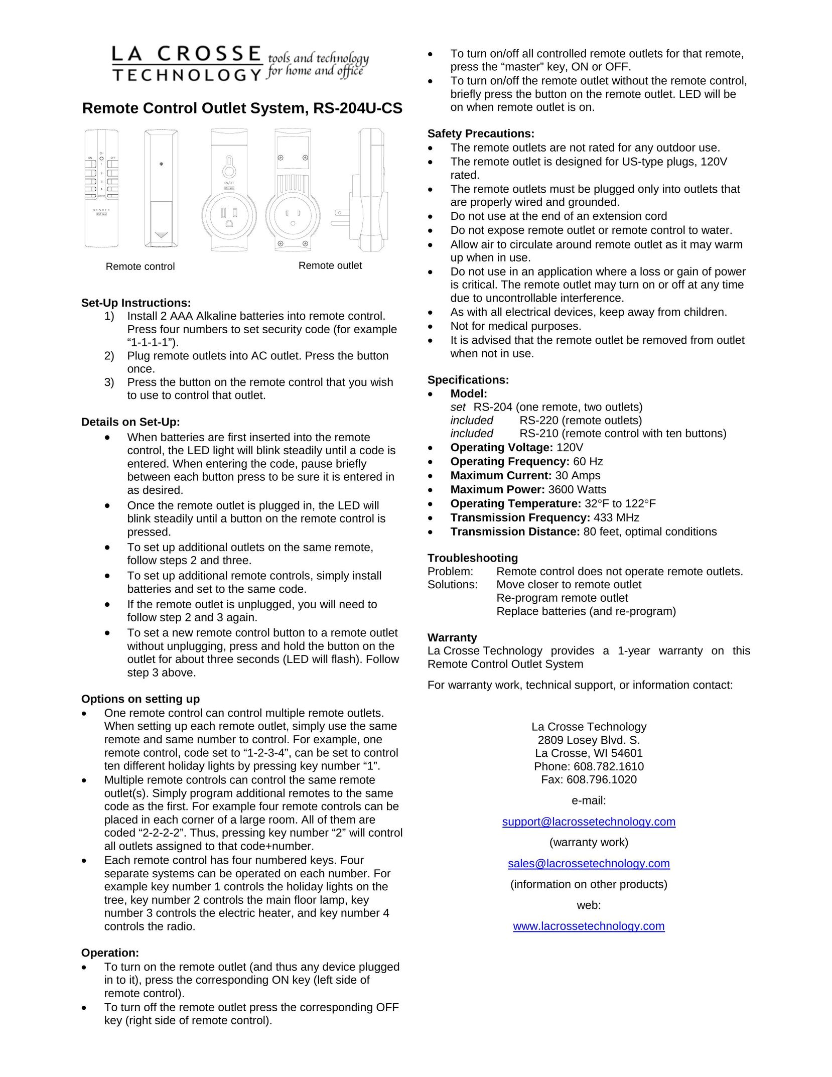 La Crosse Technology RS-204U-CS Universal Remote User Manual