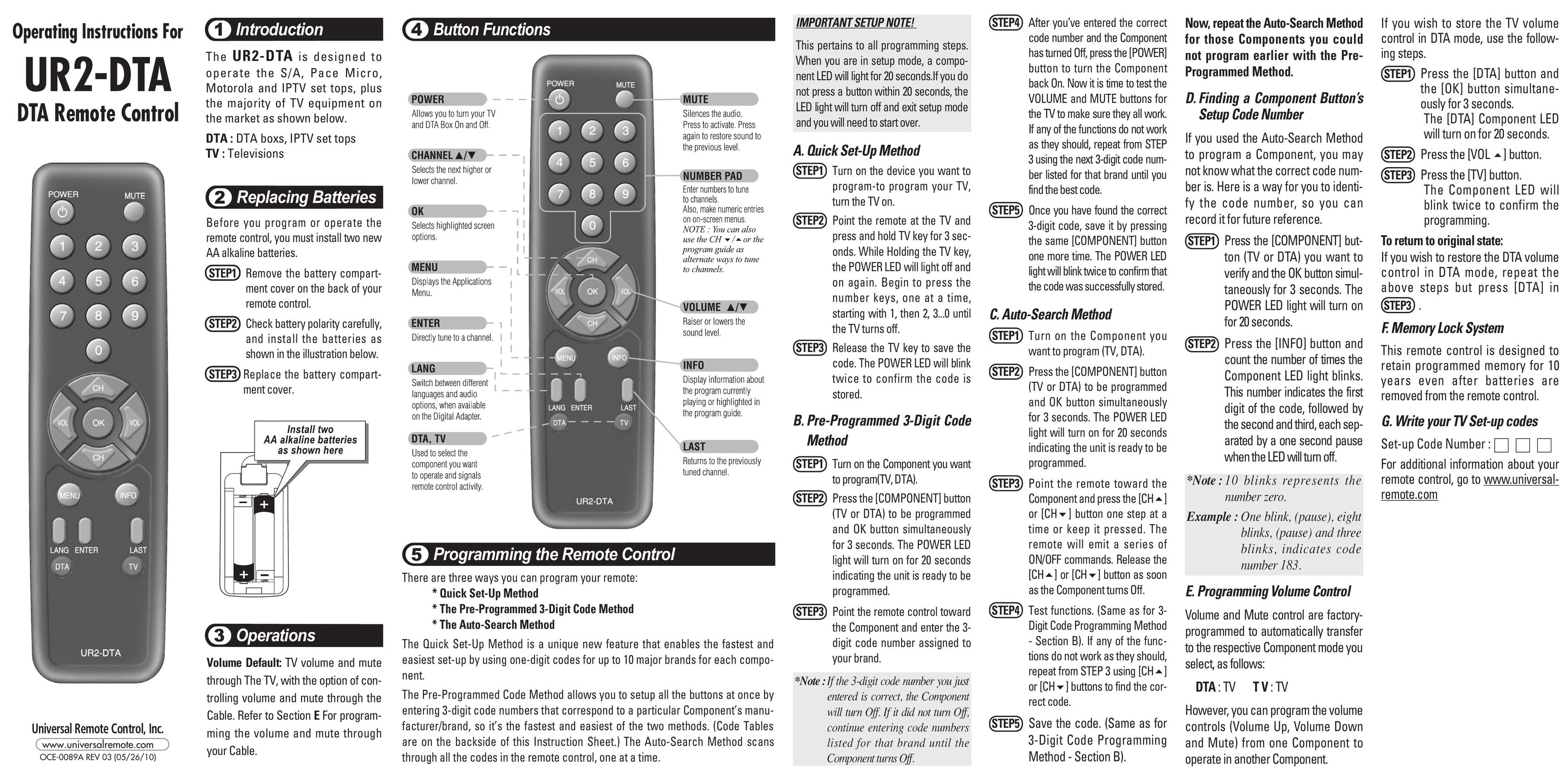 One for All UR2-DTA Universal Remote User Manual