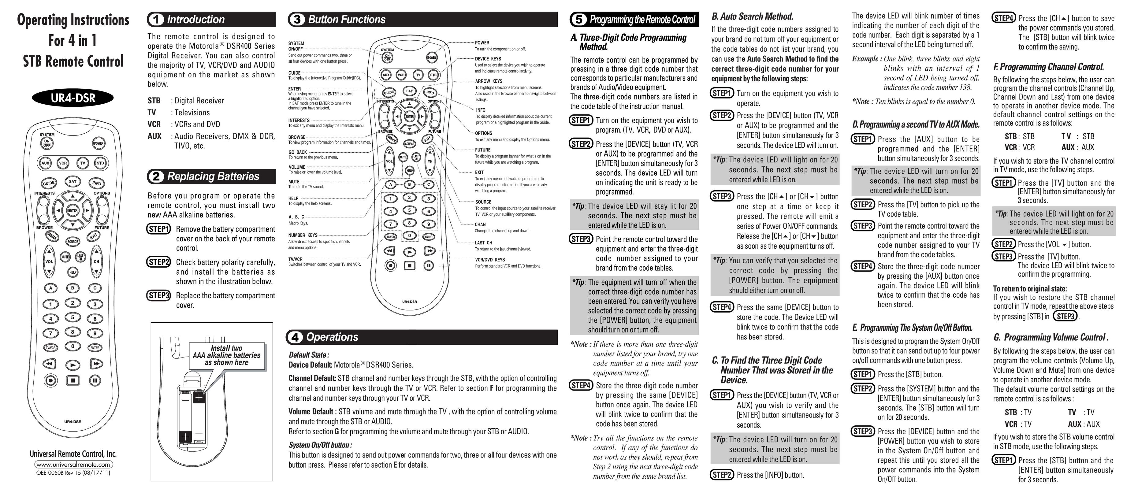 One for All UR4-DSR Universal Remote User Manual