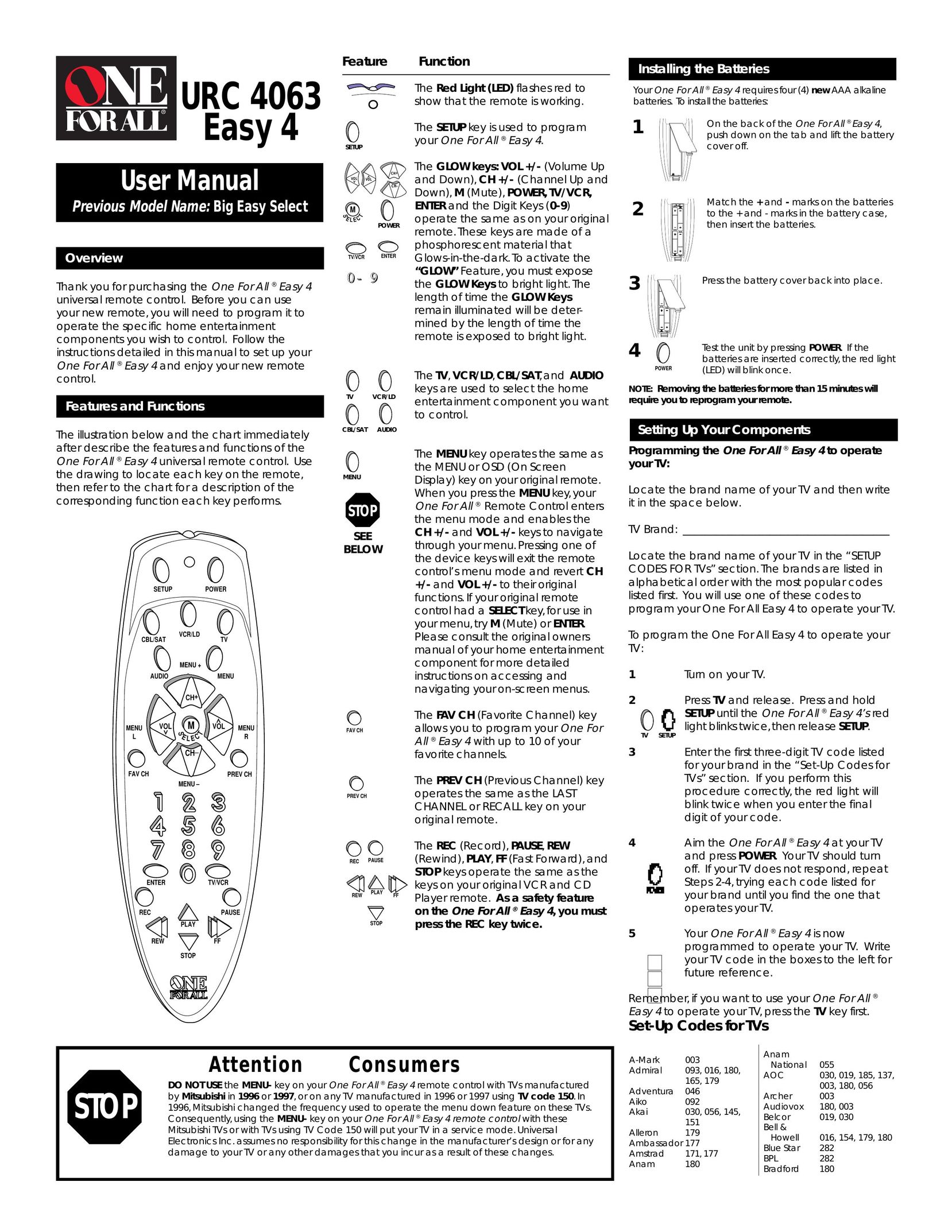 One for All URC 4063 Universal Remote User Manual
