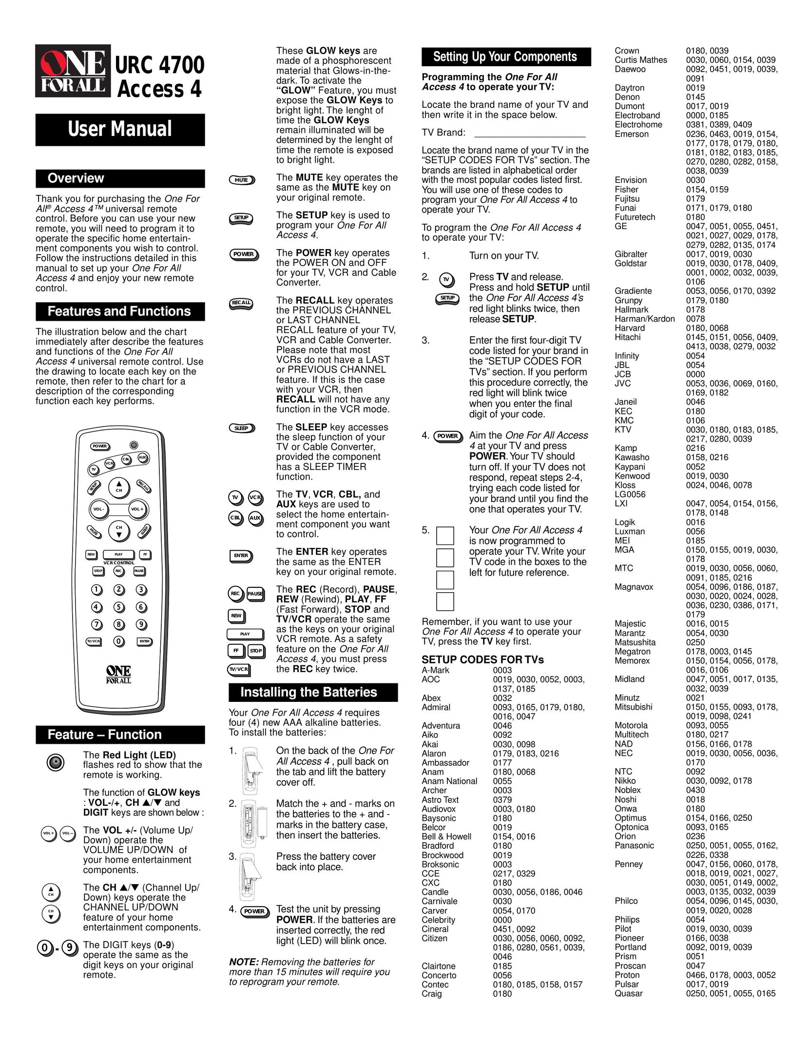 One for All URC 4700 Universal Remote User Manual