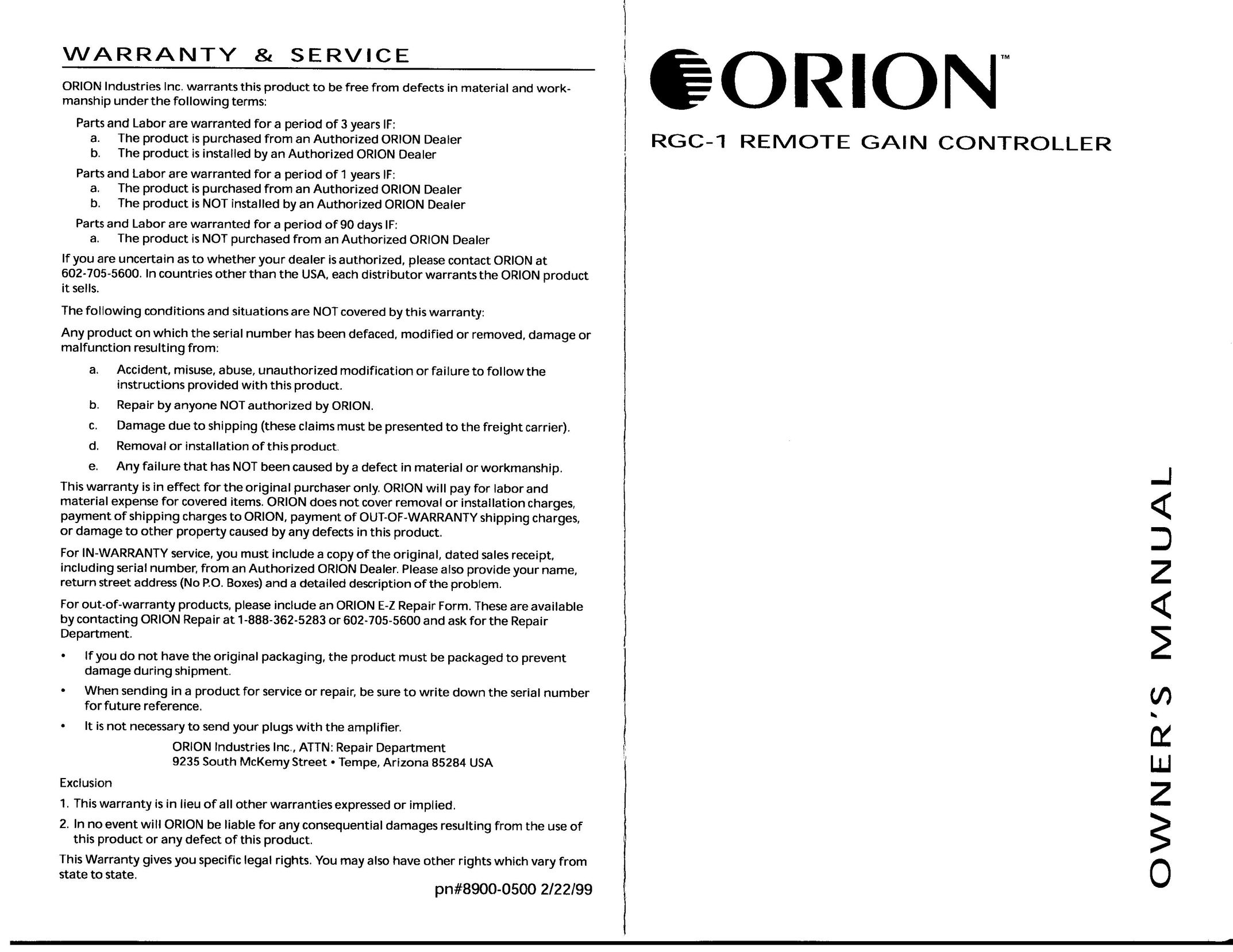 Orion Car Audio RGC-1 Universal Remote User Manual