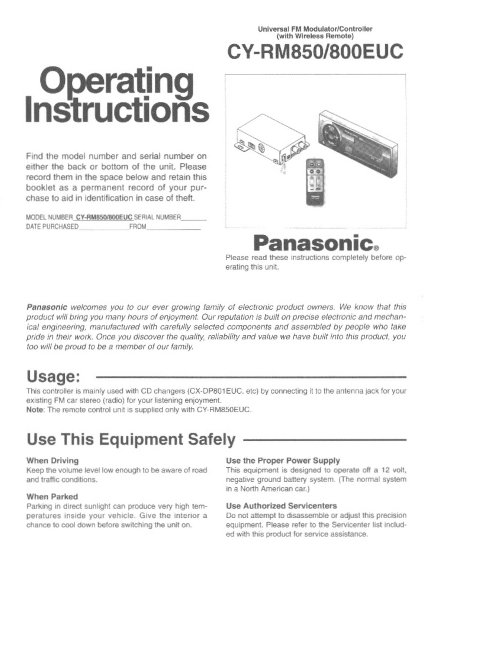 Panasonic CY-RM850 Universal Remote User Manual