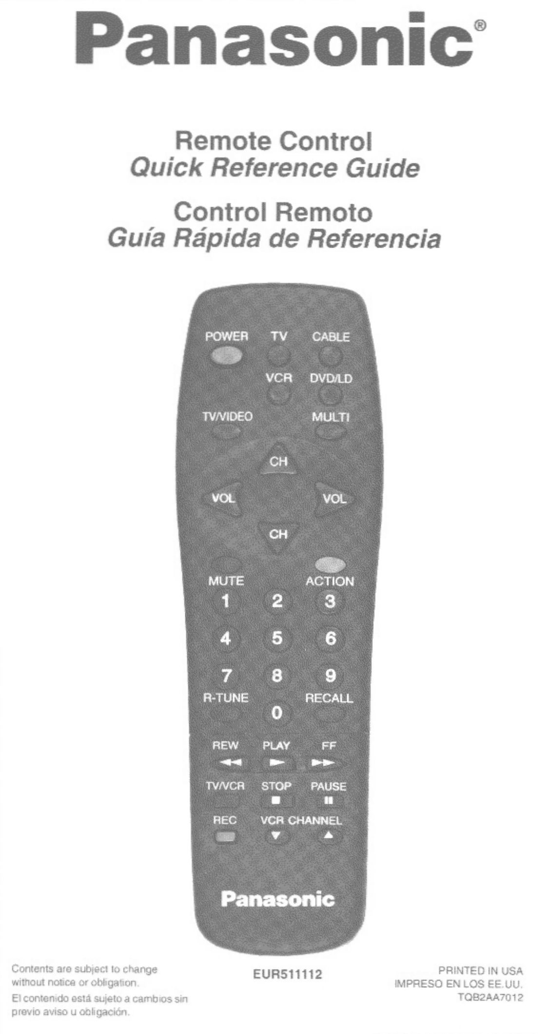 Panasonic EUR511112 Universal Remote User Manual