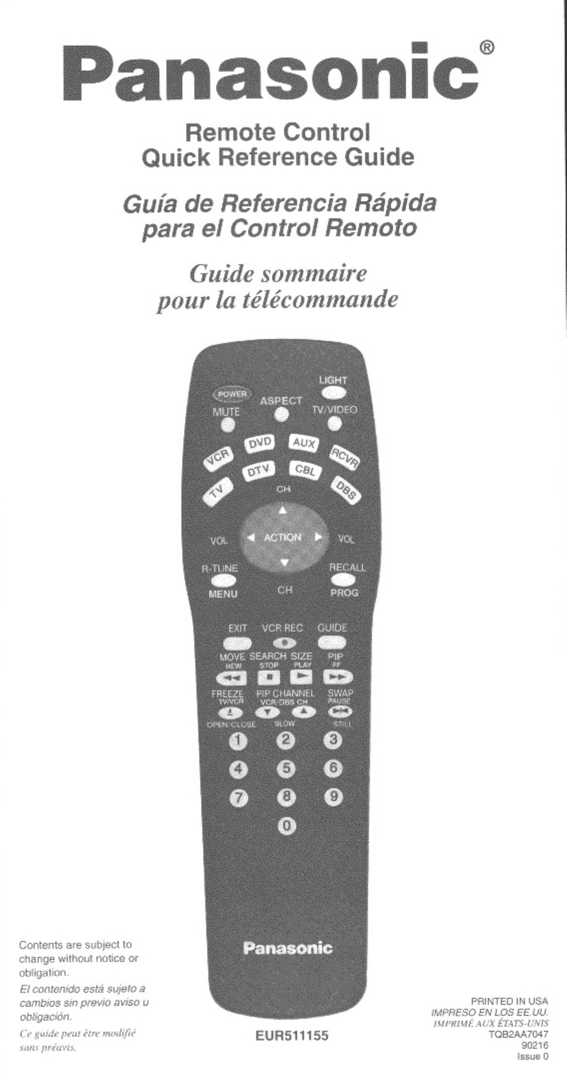 Panasonic EUR511155 Universal Remote User Manual