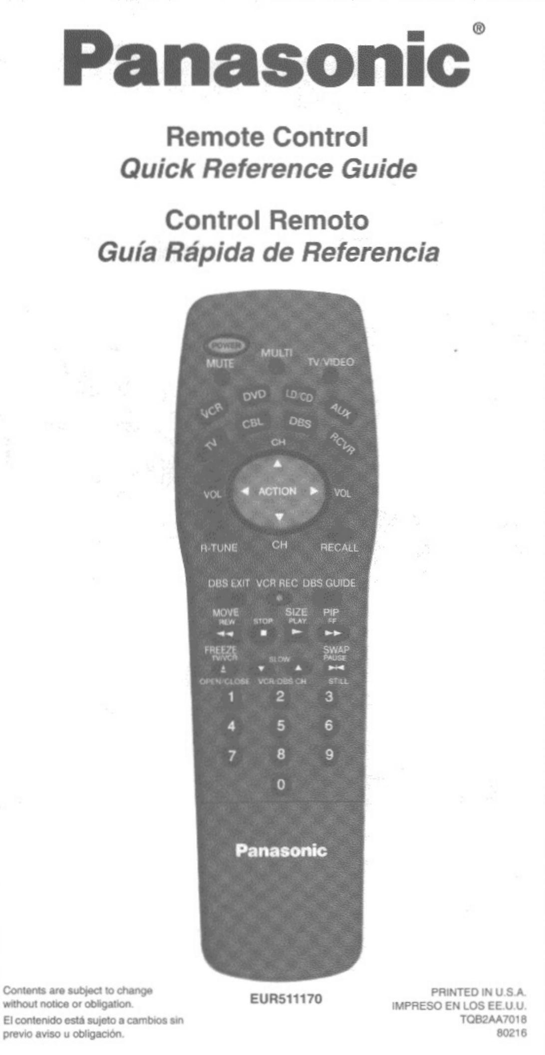 Panasonic EUR511170 Universal Remote User Manual