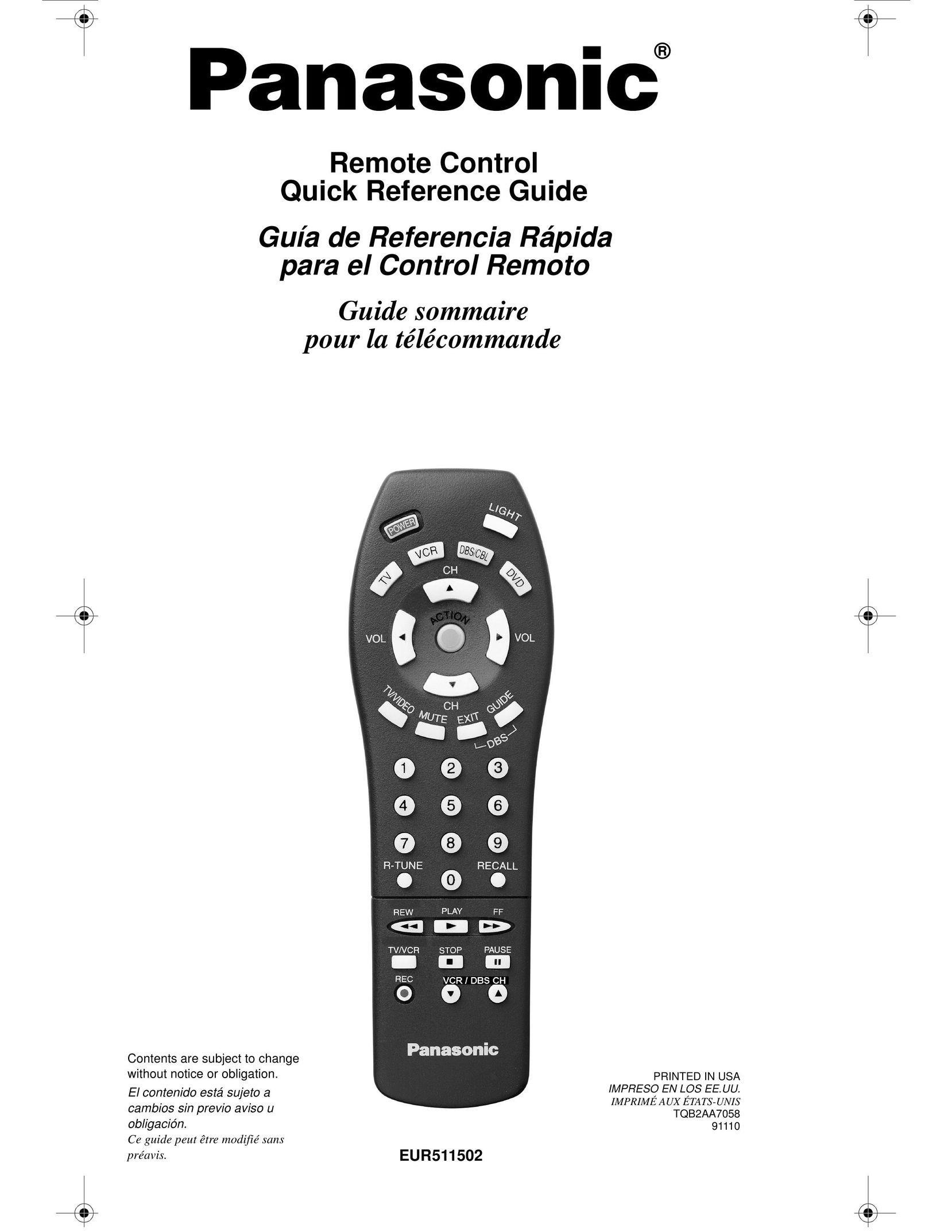 Panasonic EUR511502 Universal Remote User Manual