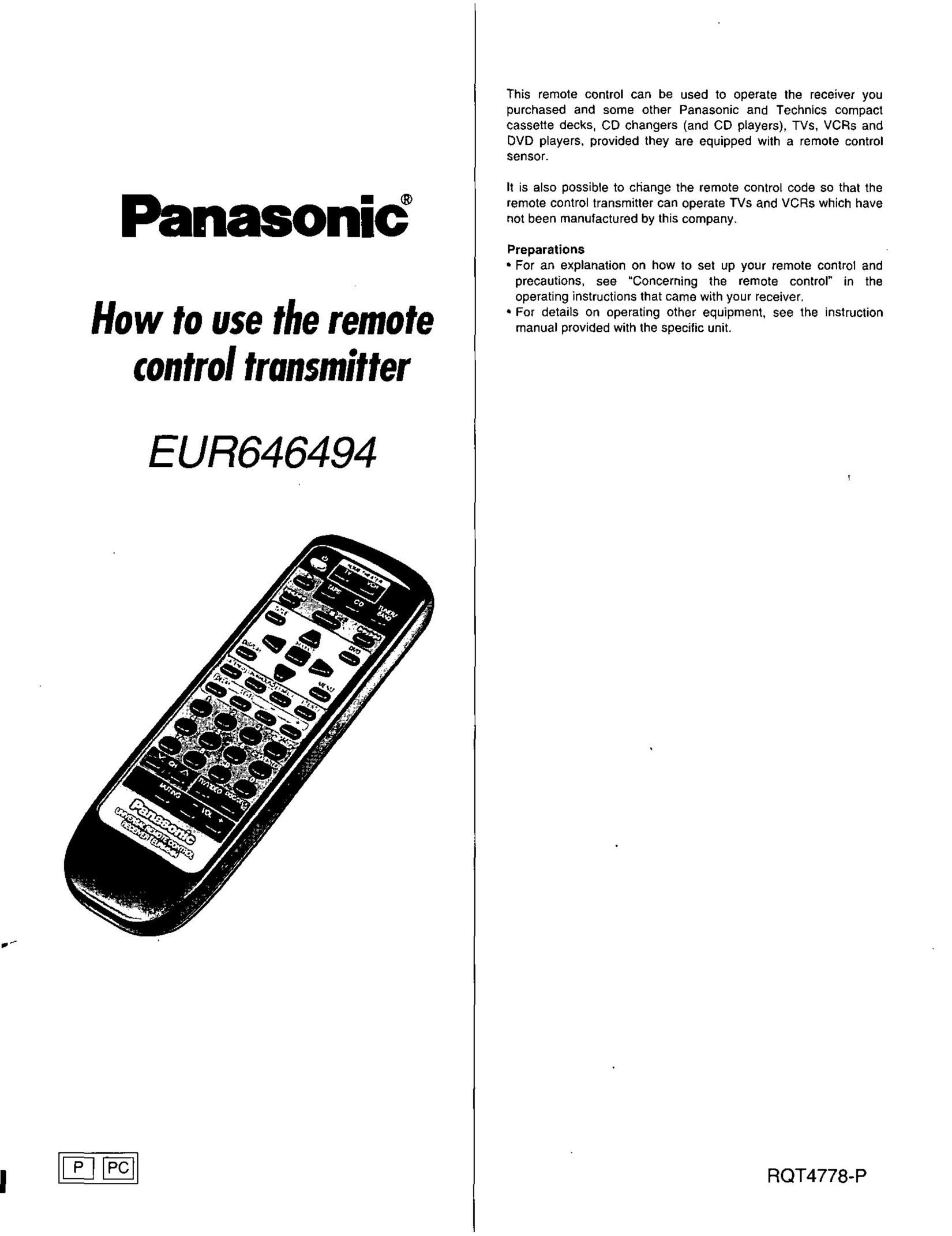 Panasonic EUR646494 Universal Remote User Manual
