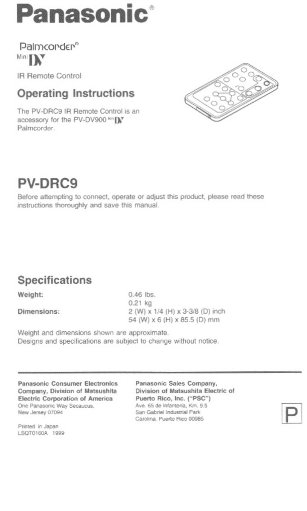 Panasonic PV-DRC9 Universal Remote User Manual