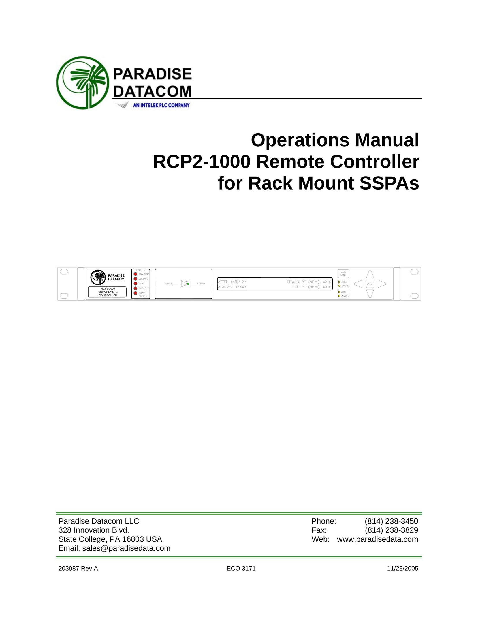Paradise RCP2-1000 Universal Remote User Manual