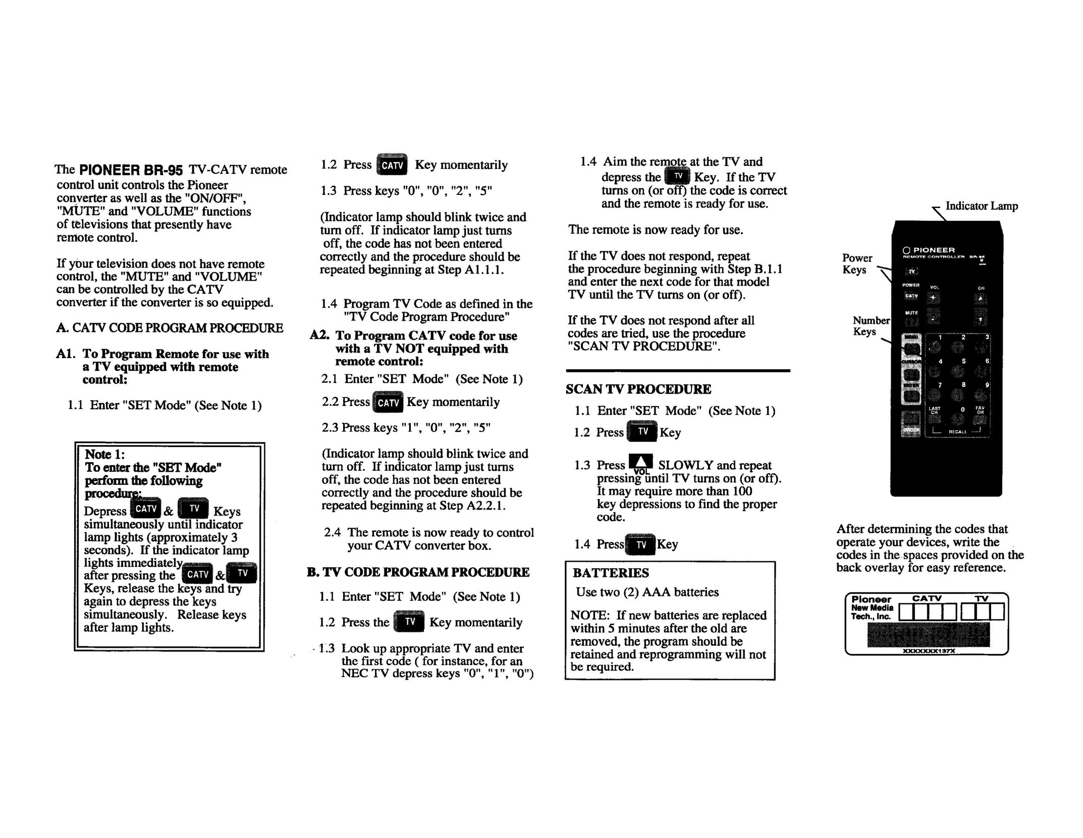 Pioneer BR-95 Universal Remote User Manual