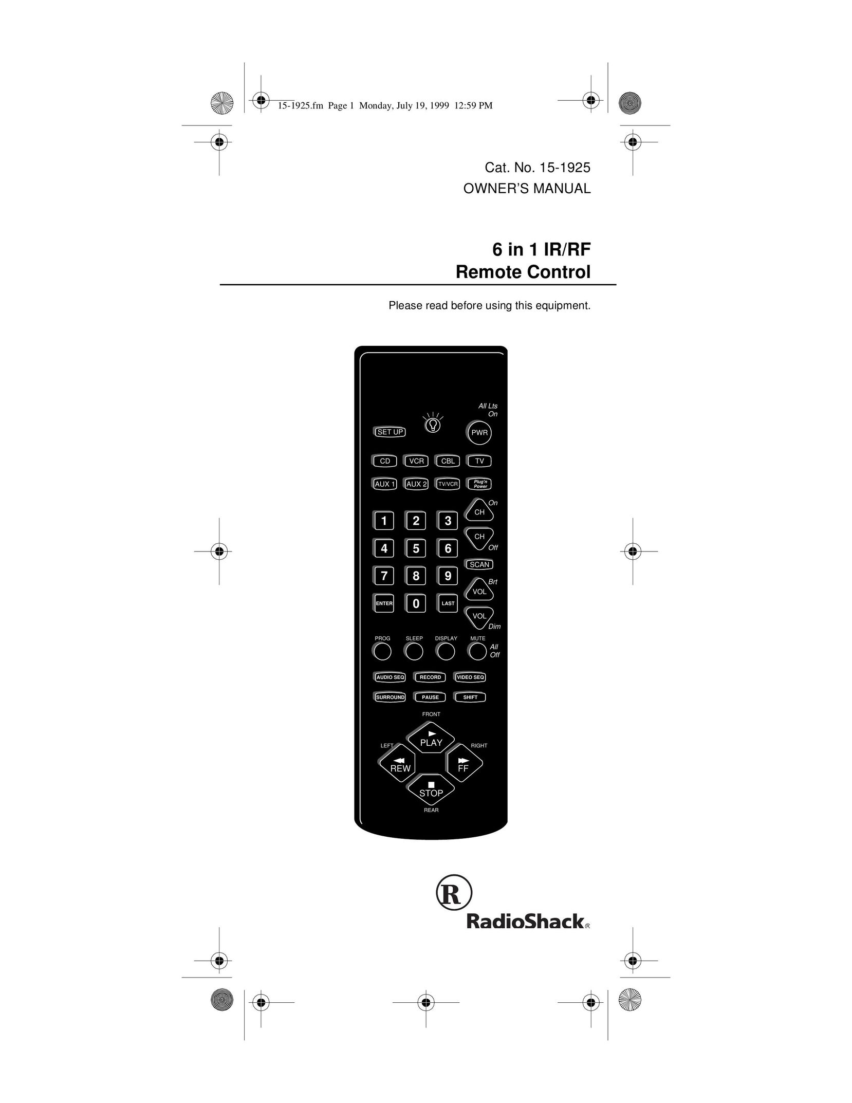 Radio Shack 15-1925 Universal Remote User Manual