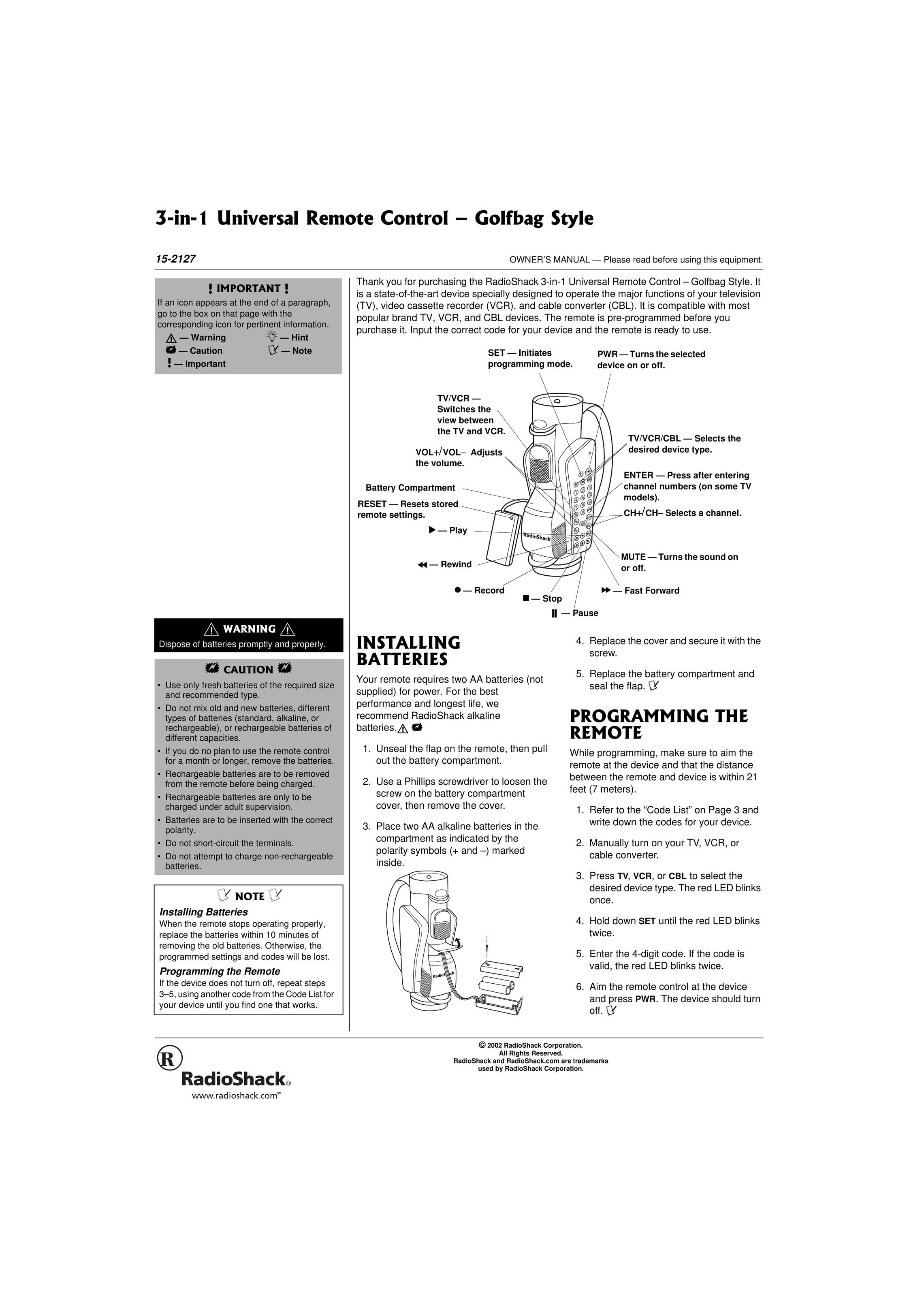 Radio Shack 15-2127 Universal Remote User Manual