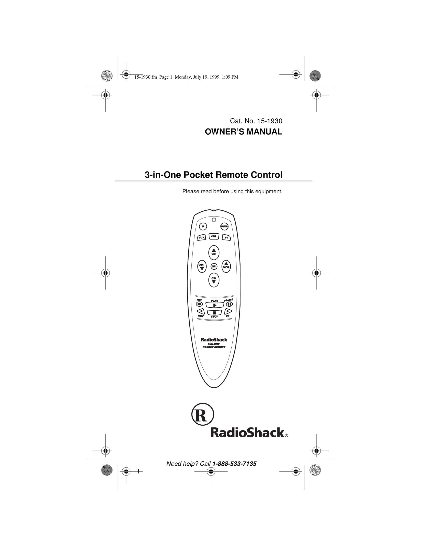 Radio Shack 3-in-One Pocket Remote Universal Remote User Manual