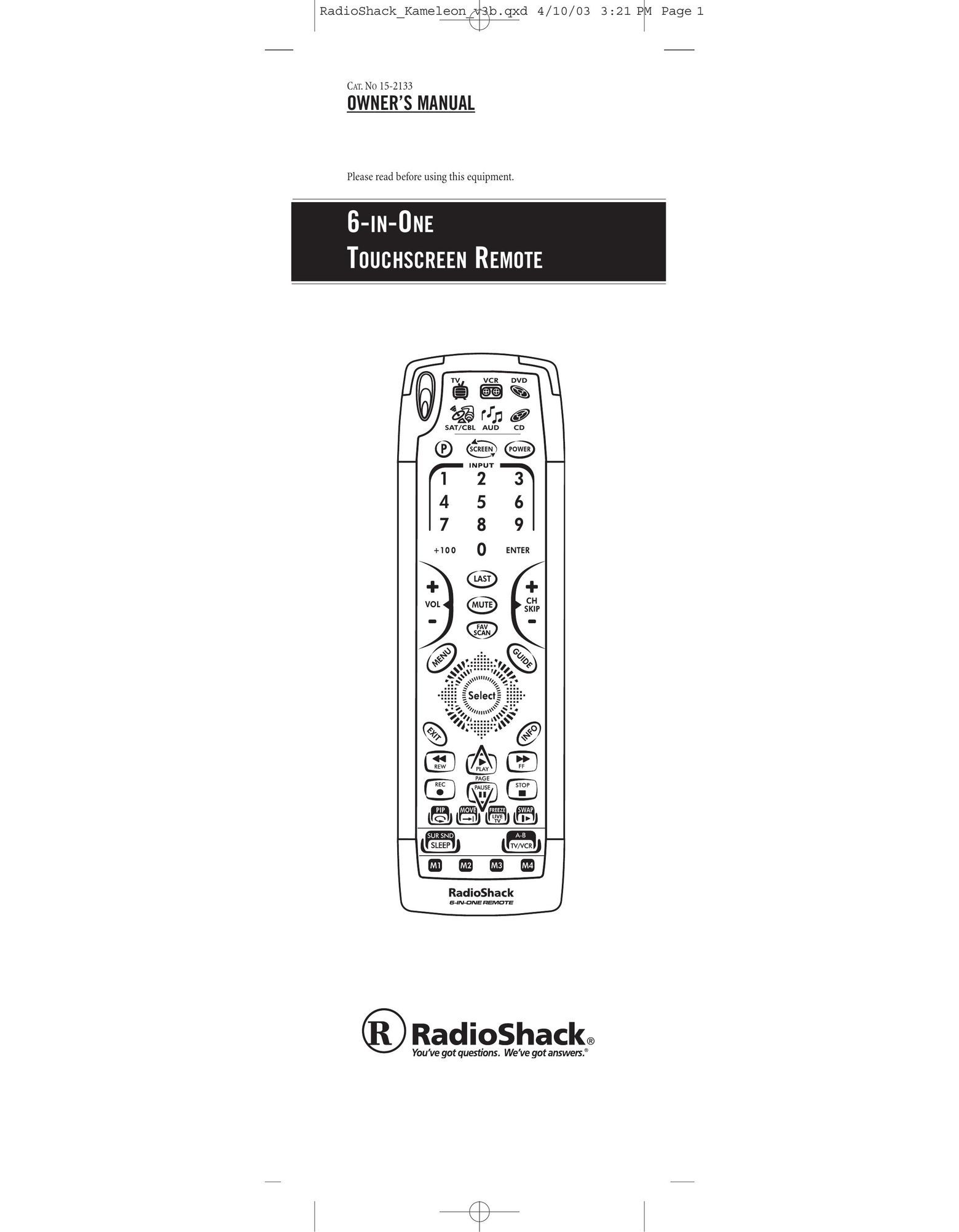 Radio Shack 6-IN-ONE TOUCHSCREEN REMOTE Universal Remote User Manual