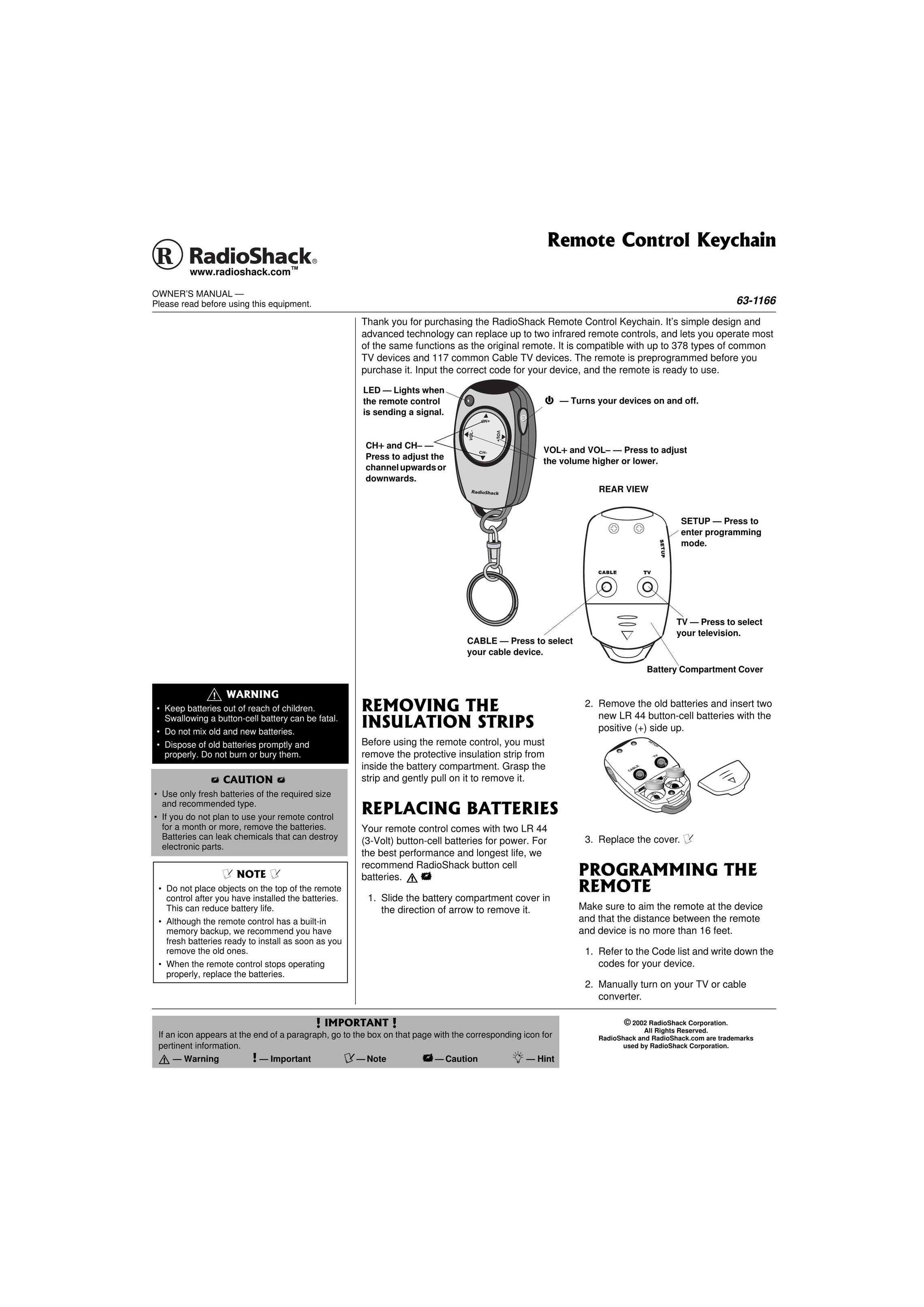 Radio Shack 63-1166 Universal Remote User Manual