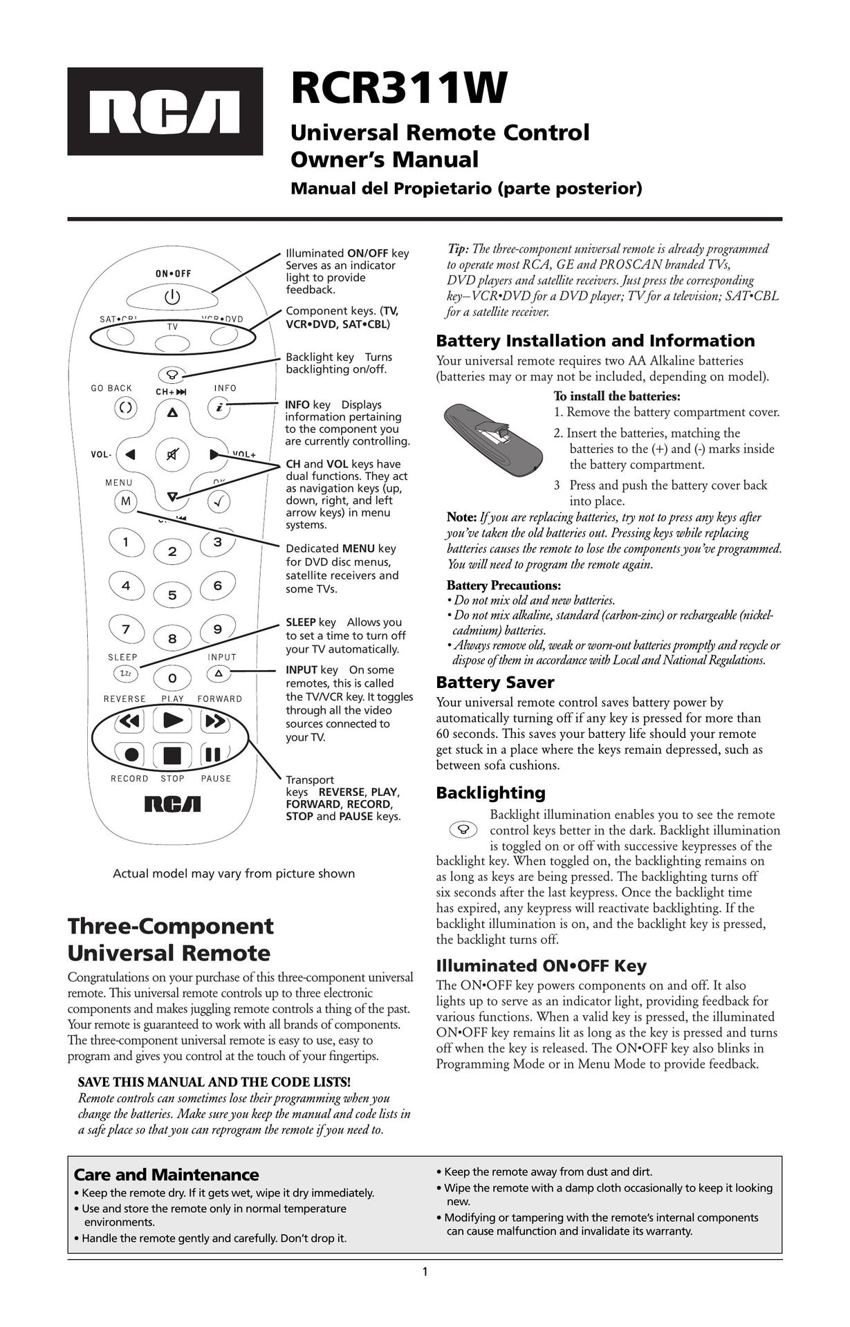 RCA RCR311W Universal Remote User Manual