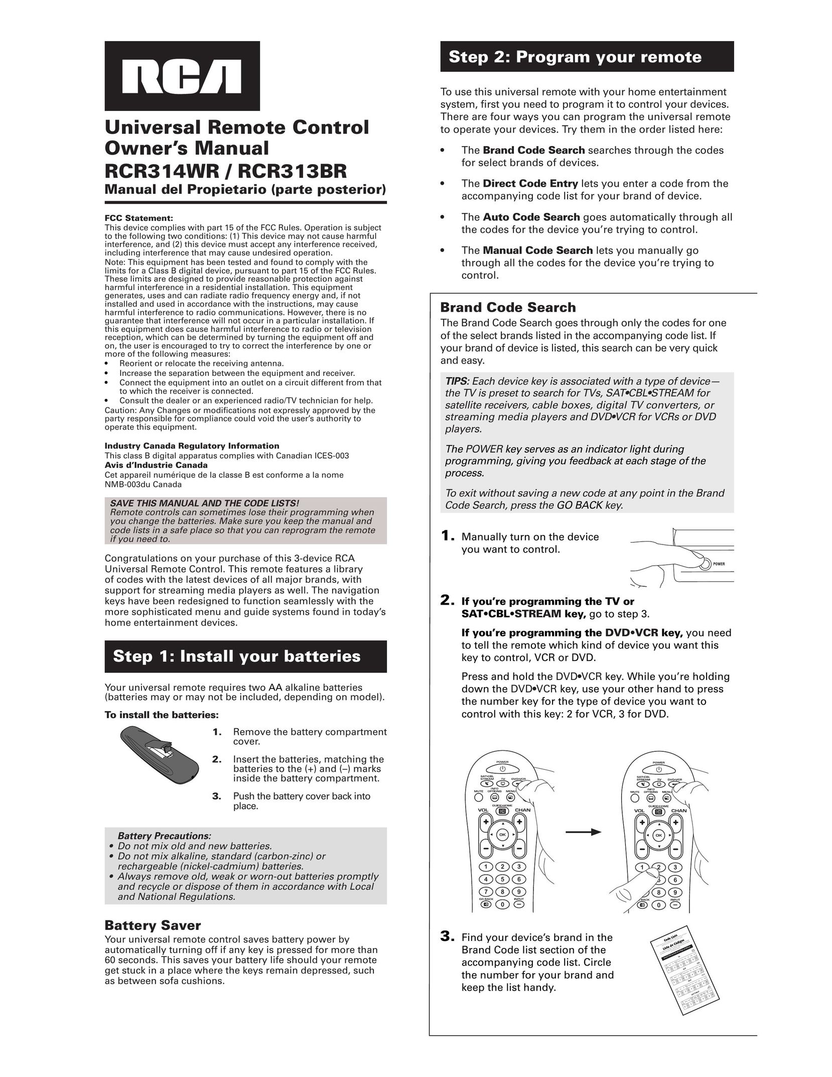 RCA RCR313BR Universal Remote User Manual