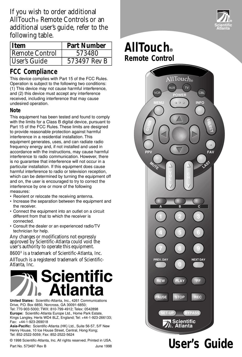 Scientific Atlanta 573480 Universal Remote User Manual
