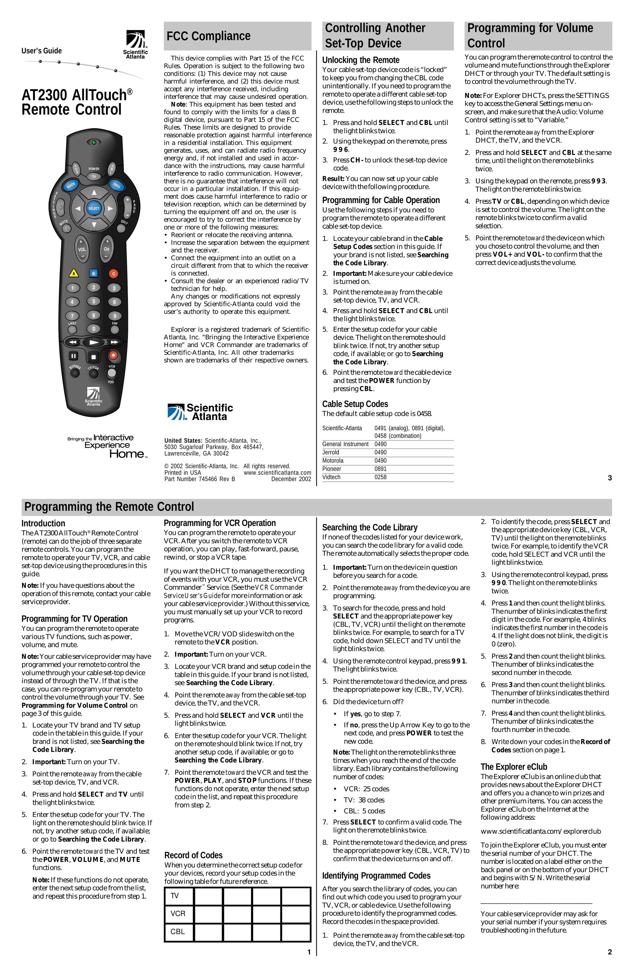 Scientific Atlanta AT2300 Universal Remote User Manual