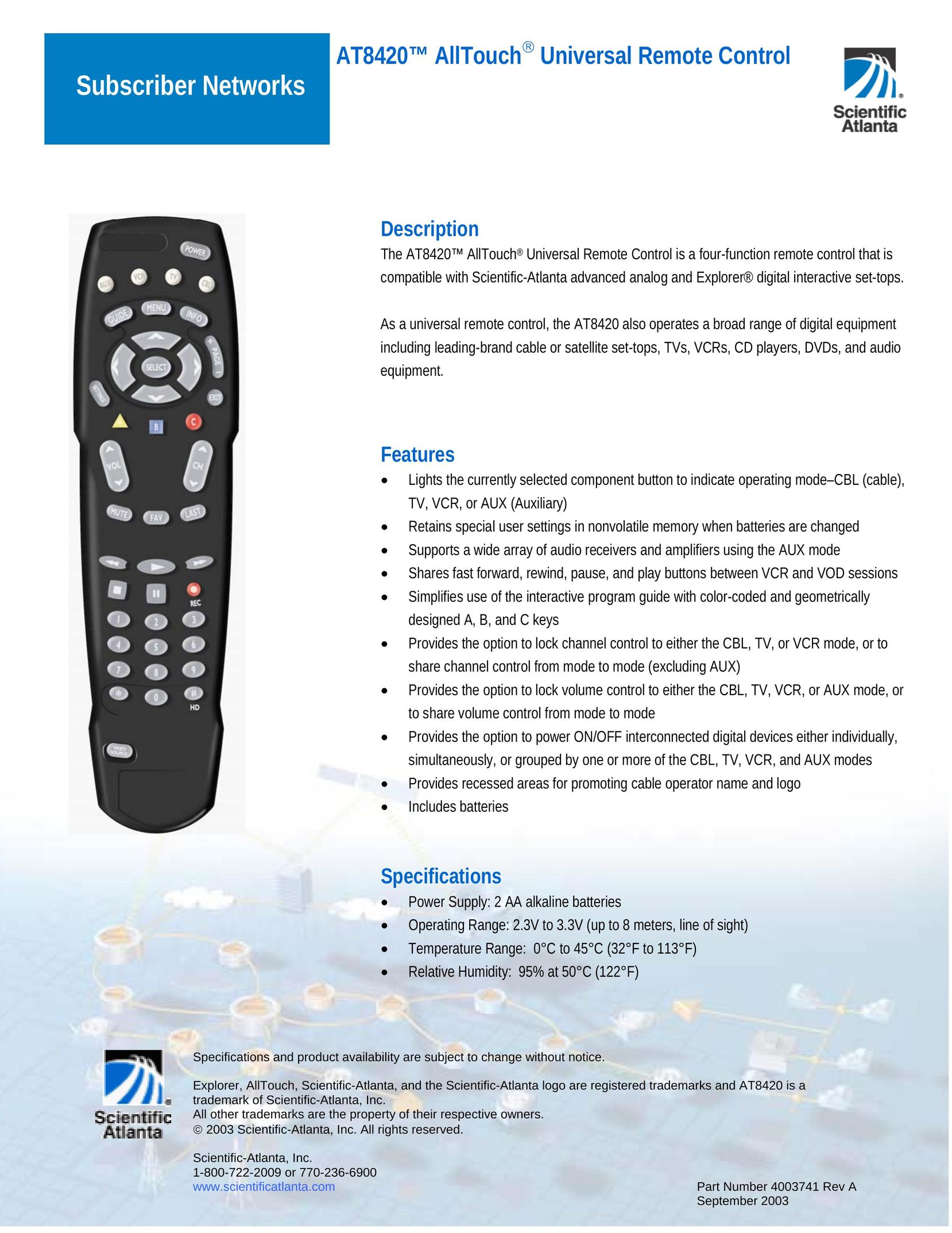 Scientific Atlanta AT8420TM Universal Remote User Manual