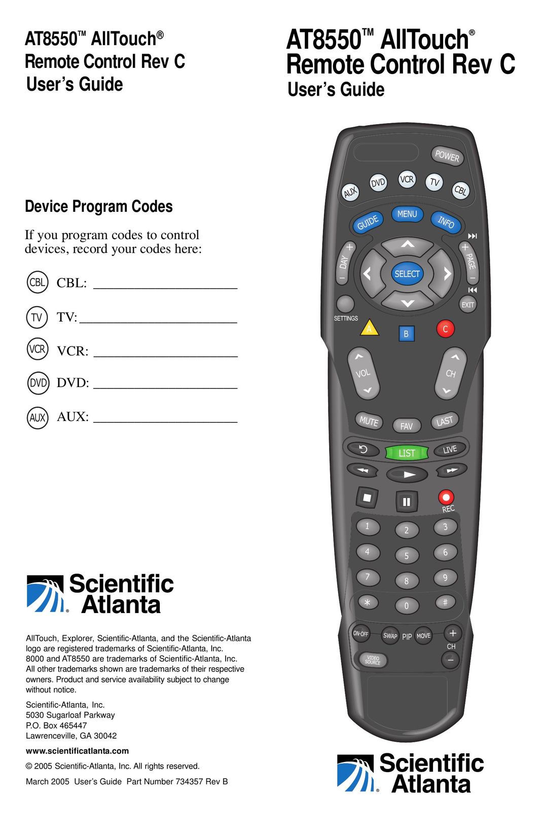 Scientific Atlanta AT8550TM Universal Remote User Manual