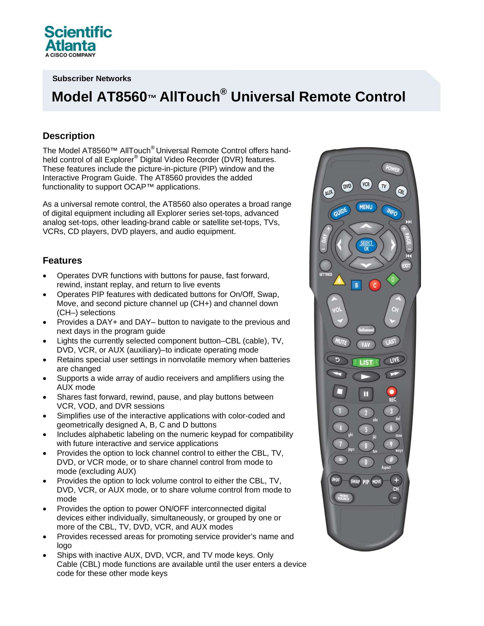 Scientific Atlanta AT8560TM Universal Remote User Manual