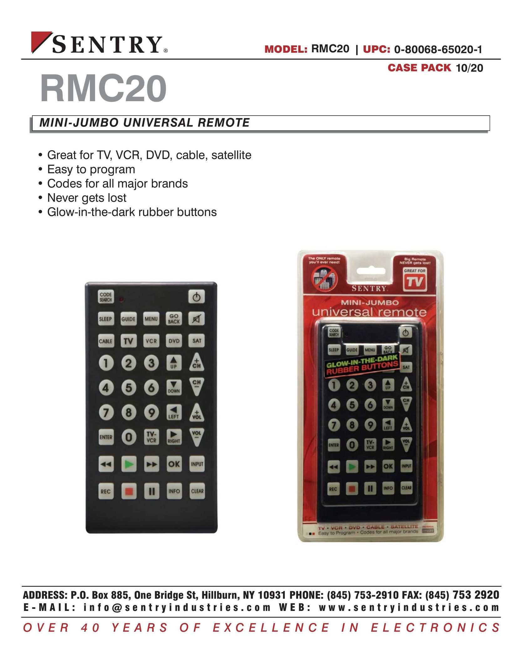 Sentry Industries 0-80068-65020-1 Universal Remote User Manual