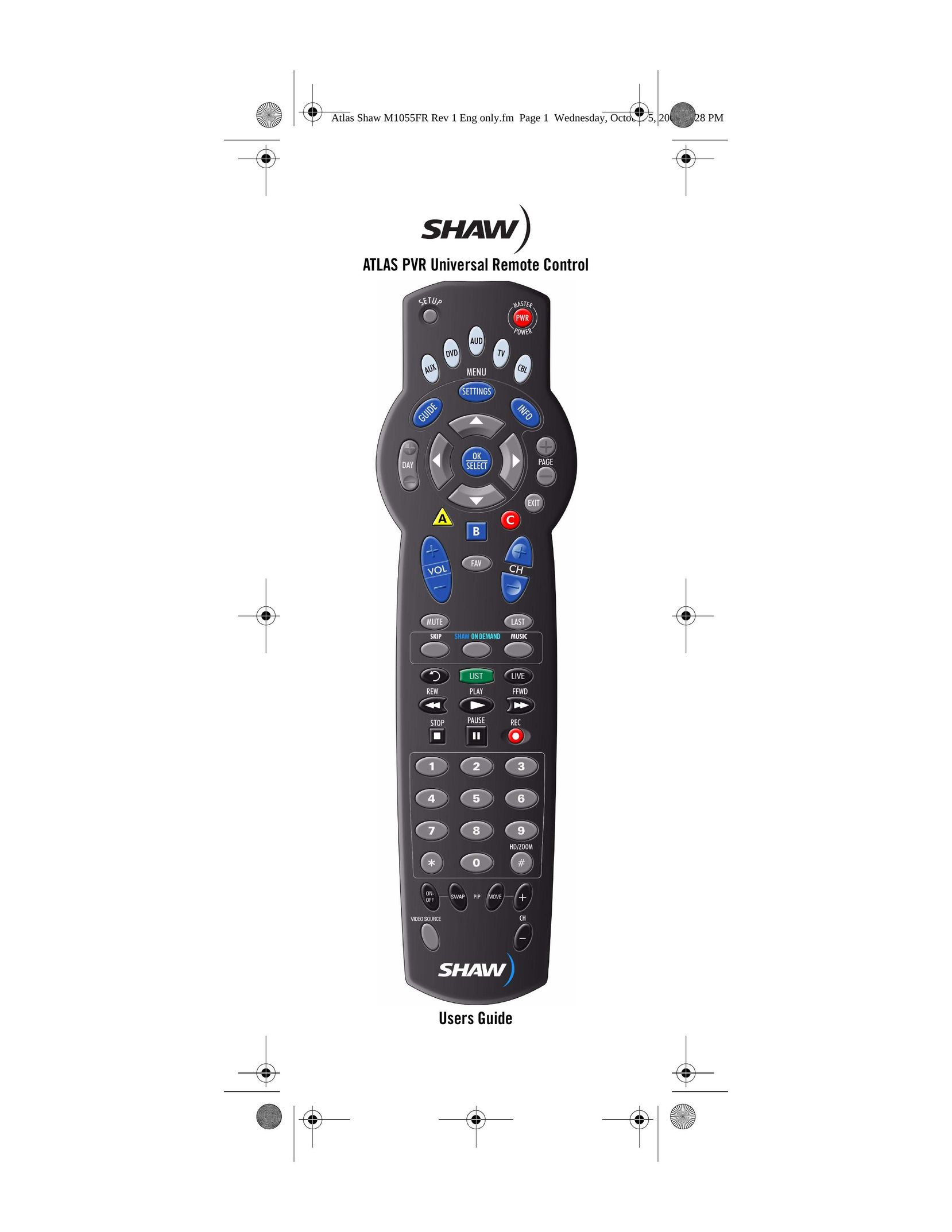 Shaw ATLAS PVR Universal Remote Control Universal Remote User Manual