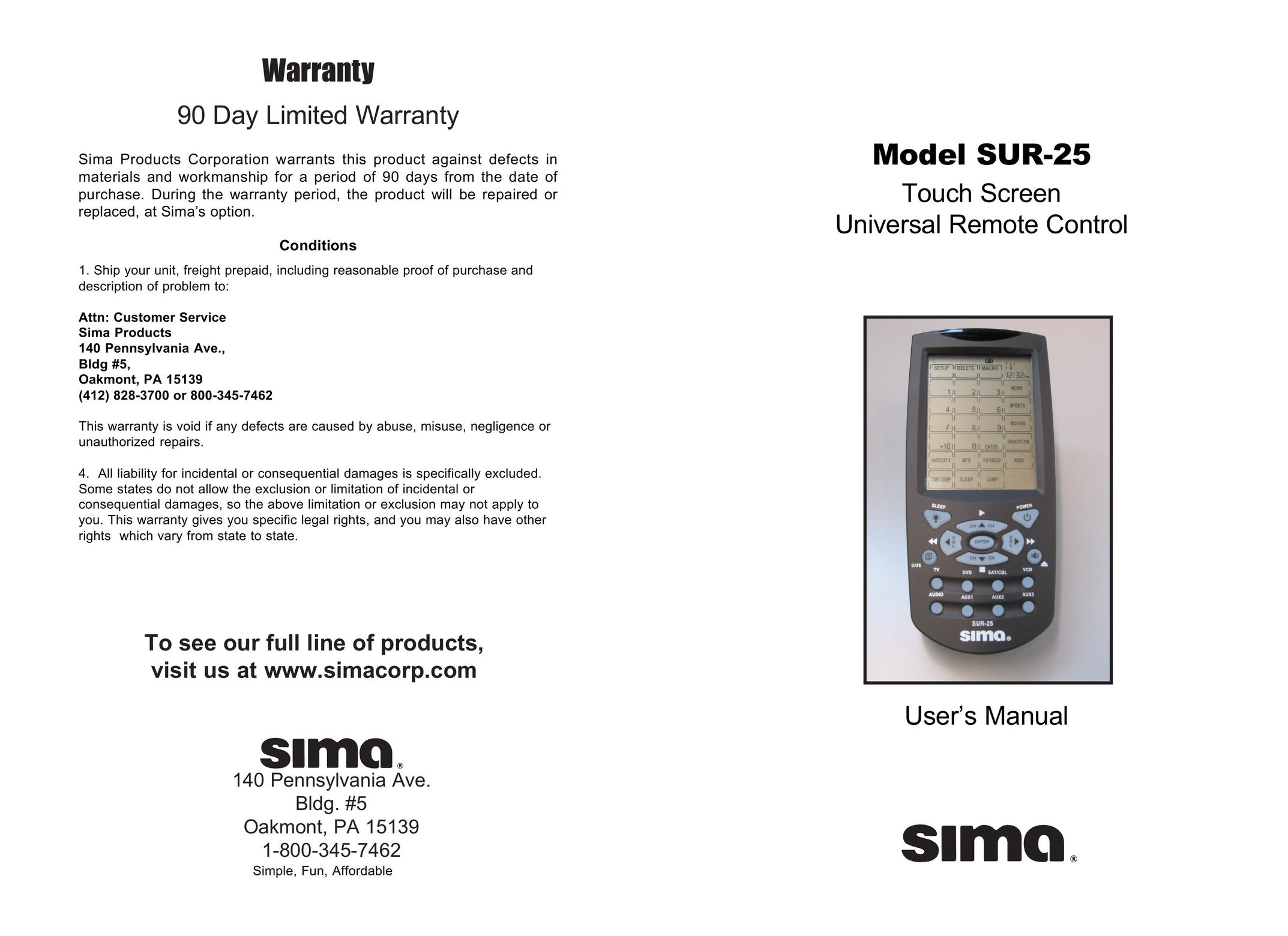 Sima Products SUR-25 Universal Remote User Manual