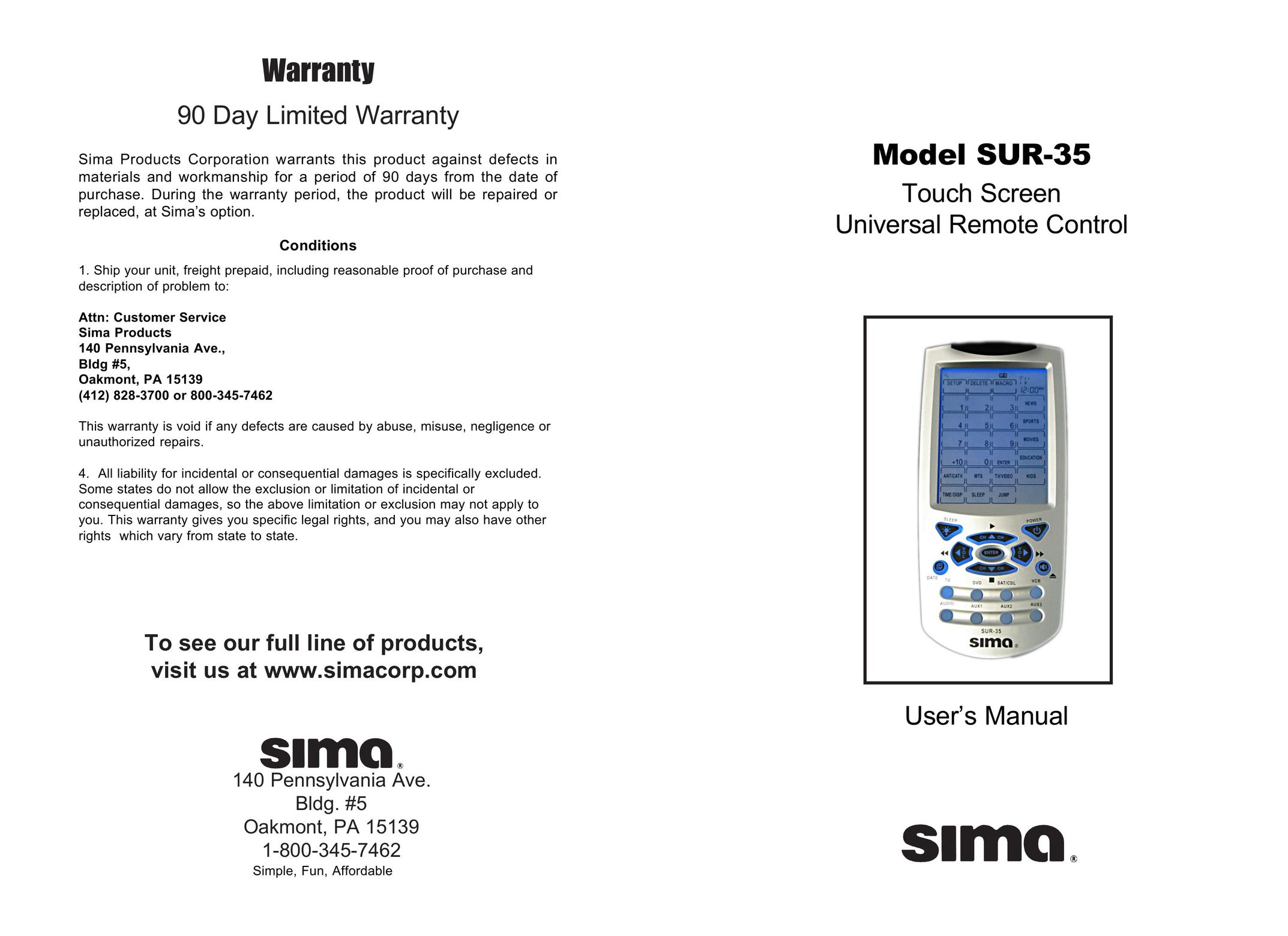 Sima Products SUR-35 Universal Remote User Manual