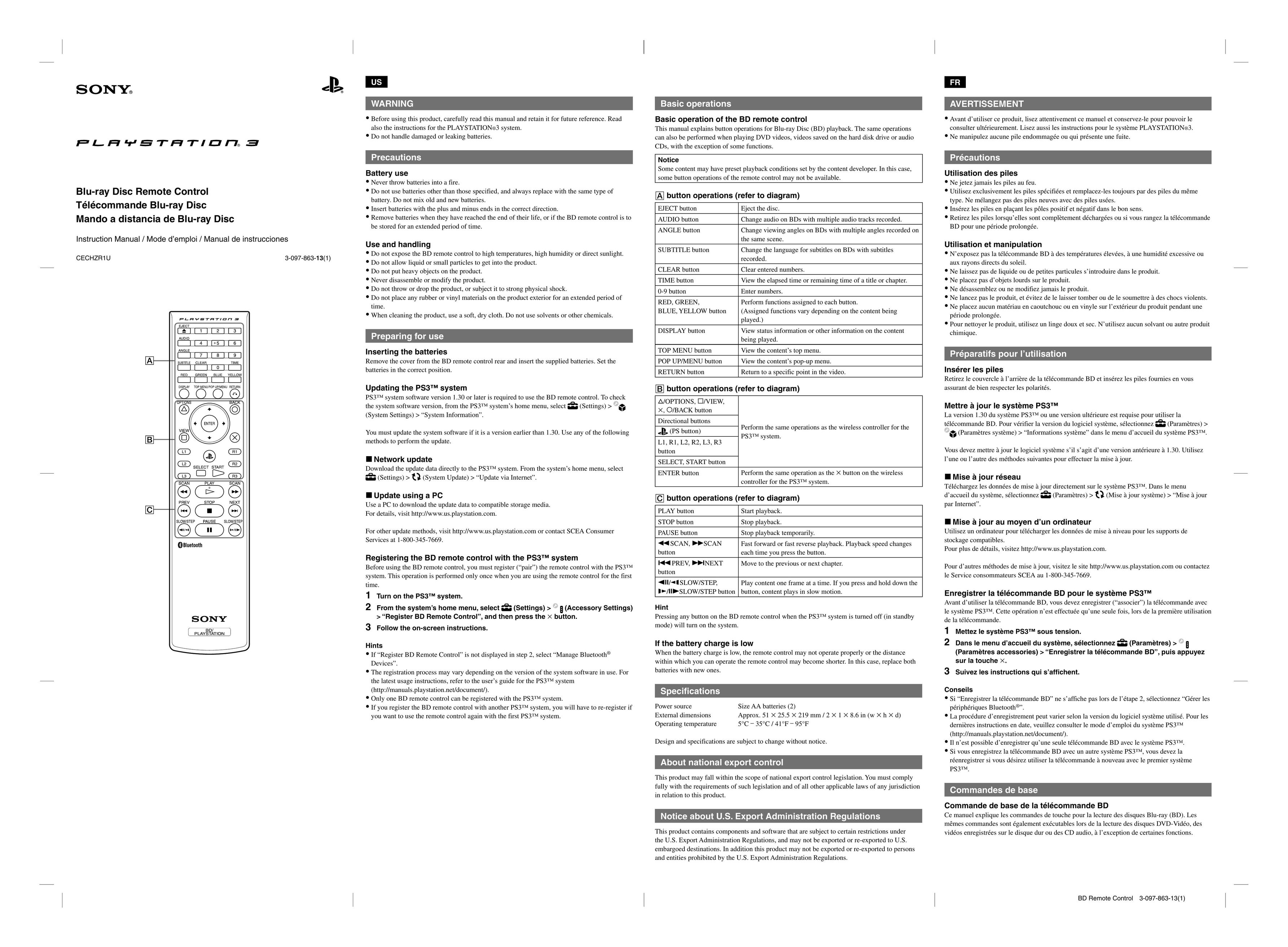 Sony 3-097-863-13 Universal Remote User Manual