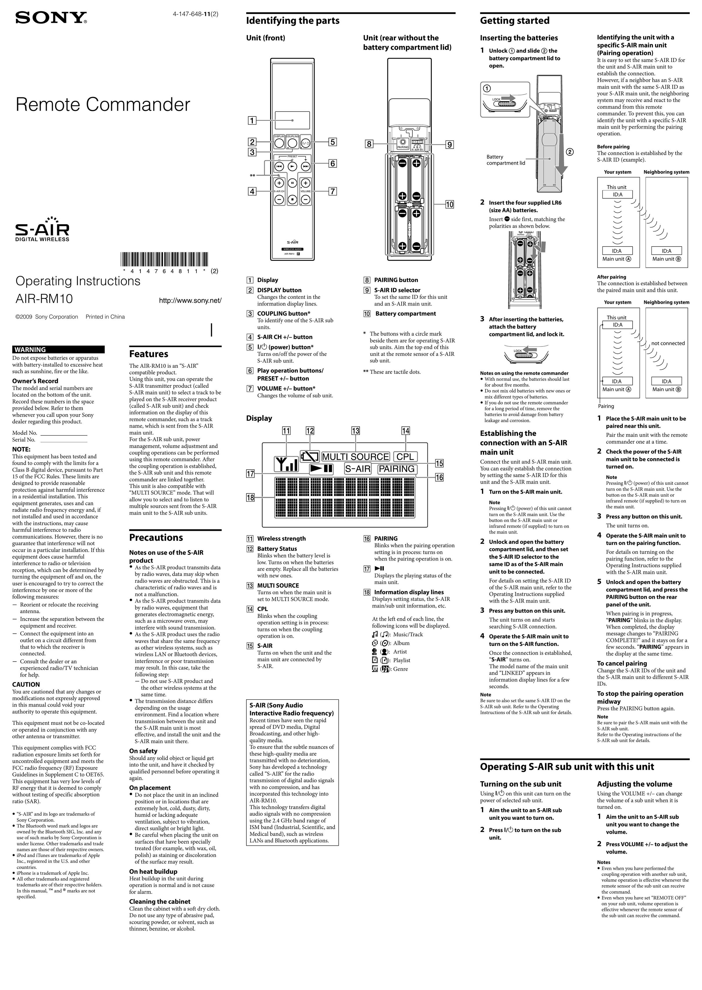 Sony AIR-RM10 Universal Remote User Manual