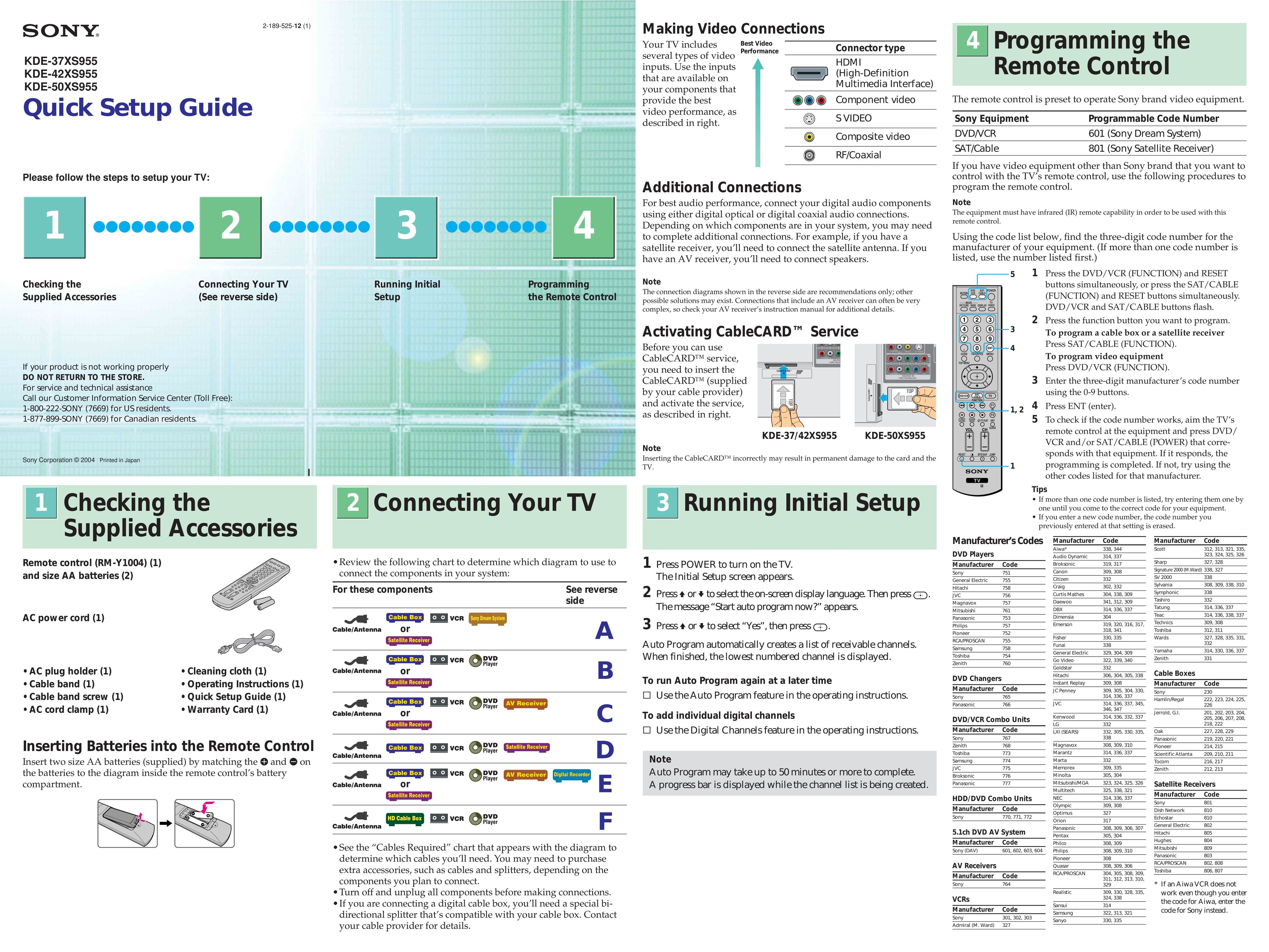 Sony KDE-37XS955 Universal Remote User Manual