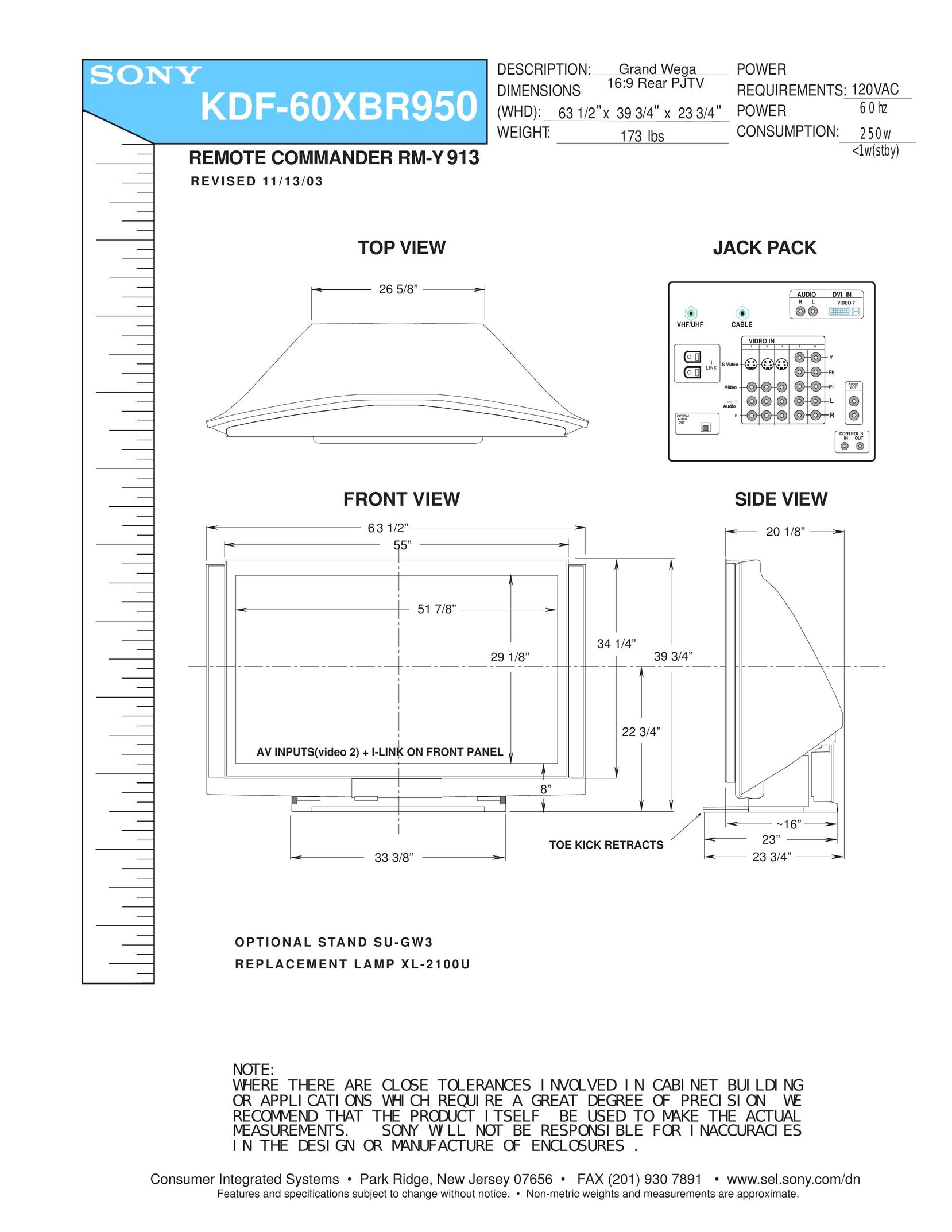 Sony KDF-60XBR950 Universal Remote User Manual