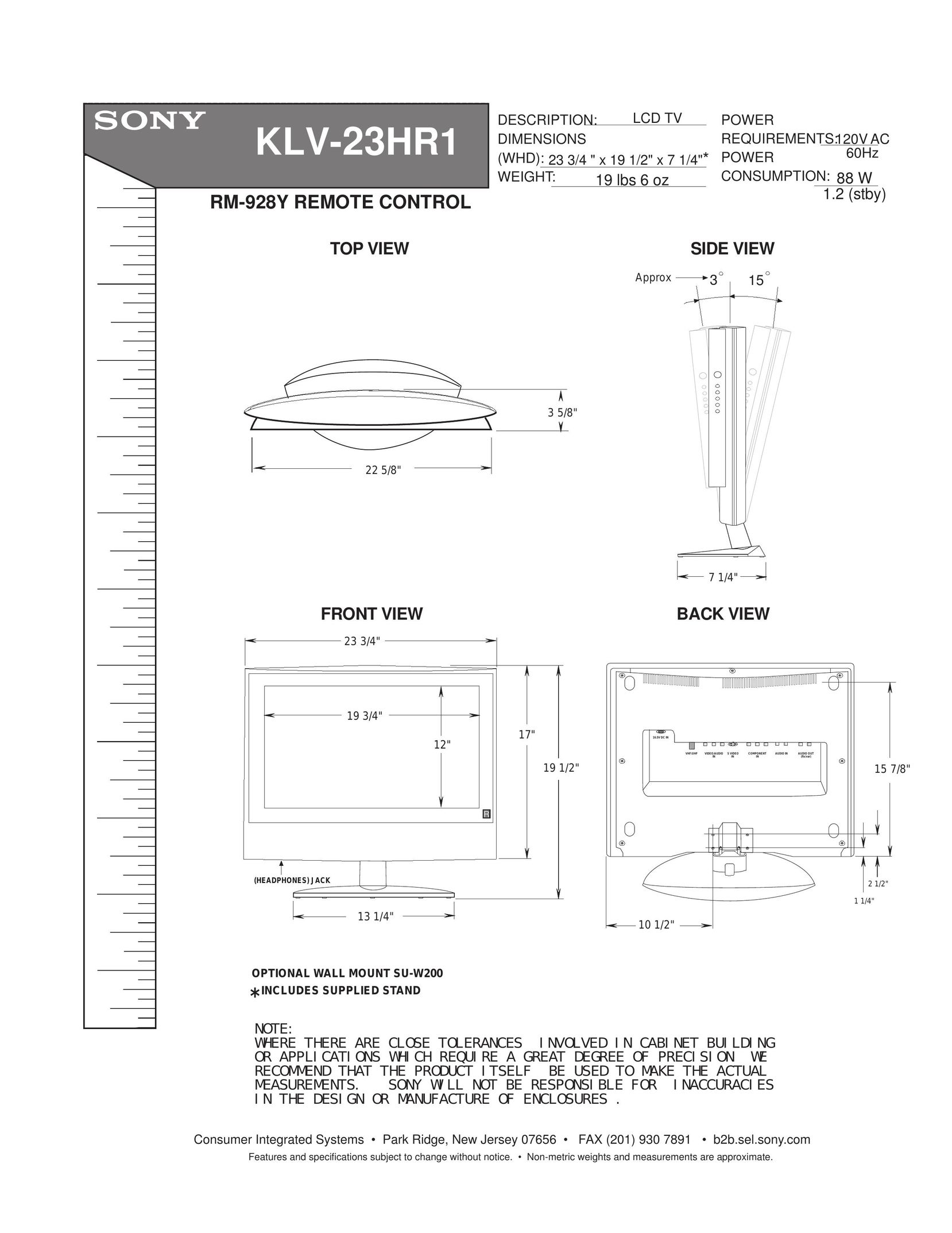 Sony KLV-23HR1 Universal Remote User Manual