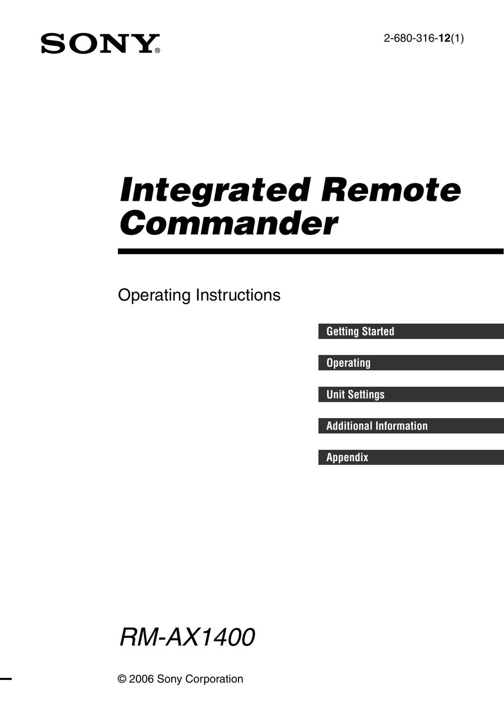 Sony RM-AX1400 Universal Remote User Manual