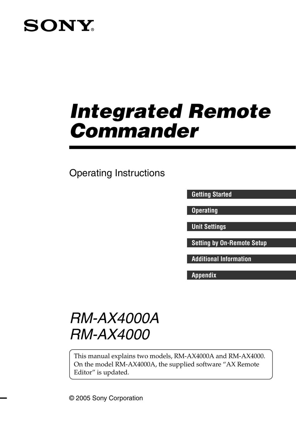 Sony RM-AX4000A Universal Remote User Manual