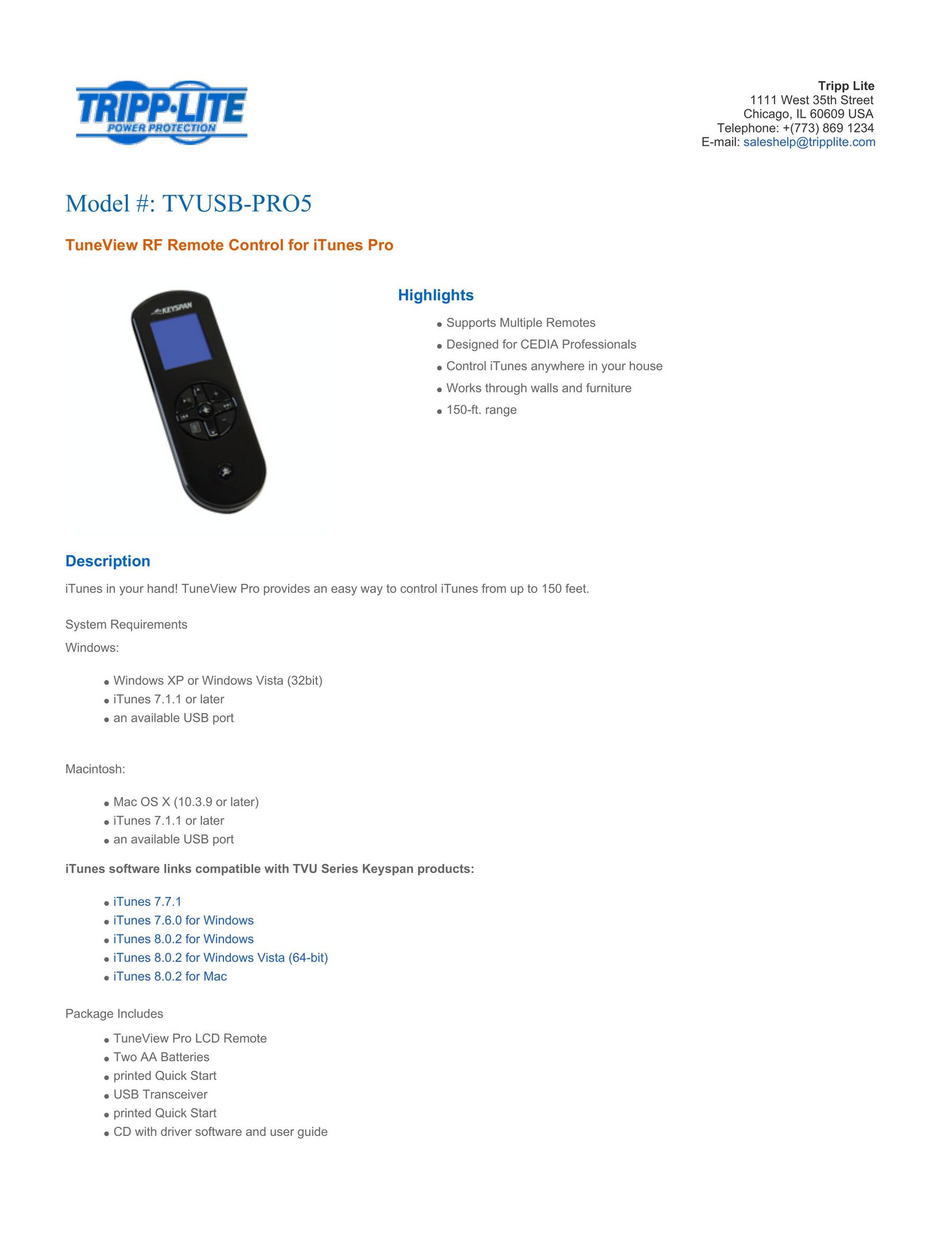 Tripp Lite TVUSB-PRO5 Universal Remote User Manual