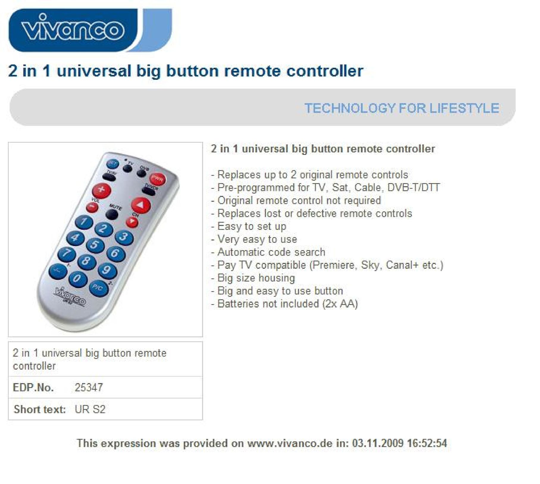 Vivanco UR S2 Universal Remote User Manual